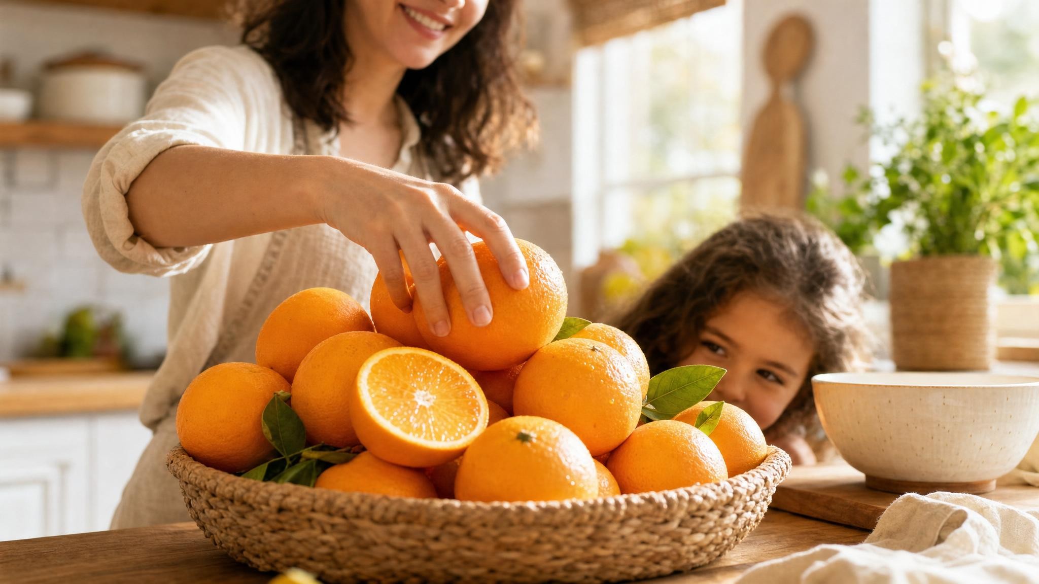 A vibrant close-up of freshly picked, bright organic oranges at peak ripeness