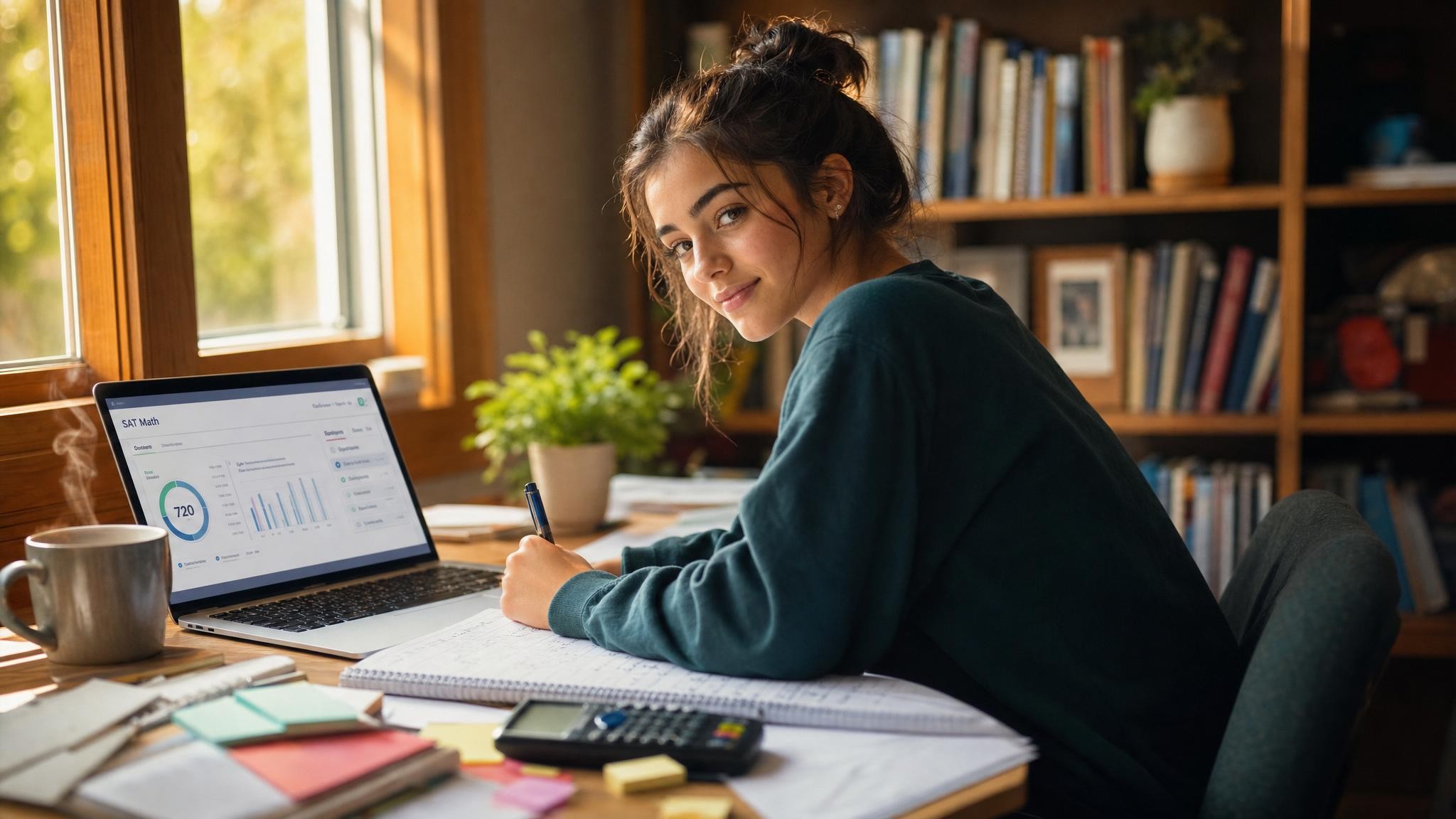 A high school student studying confidently with a laptop, notes, and books in a calm, focused space