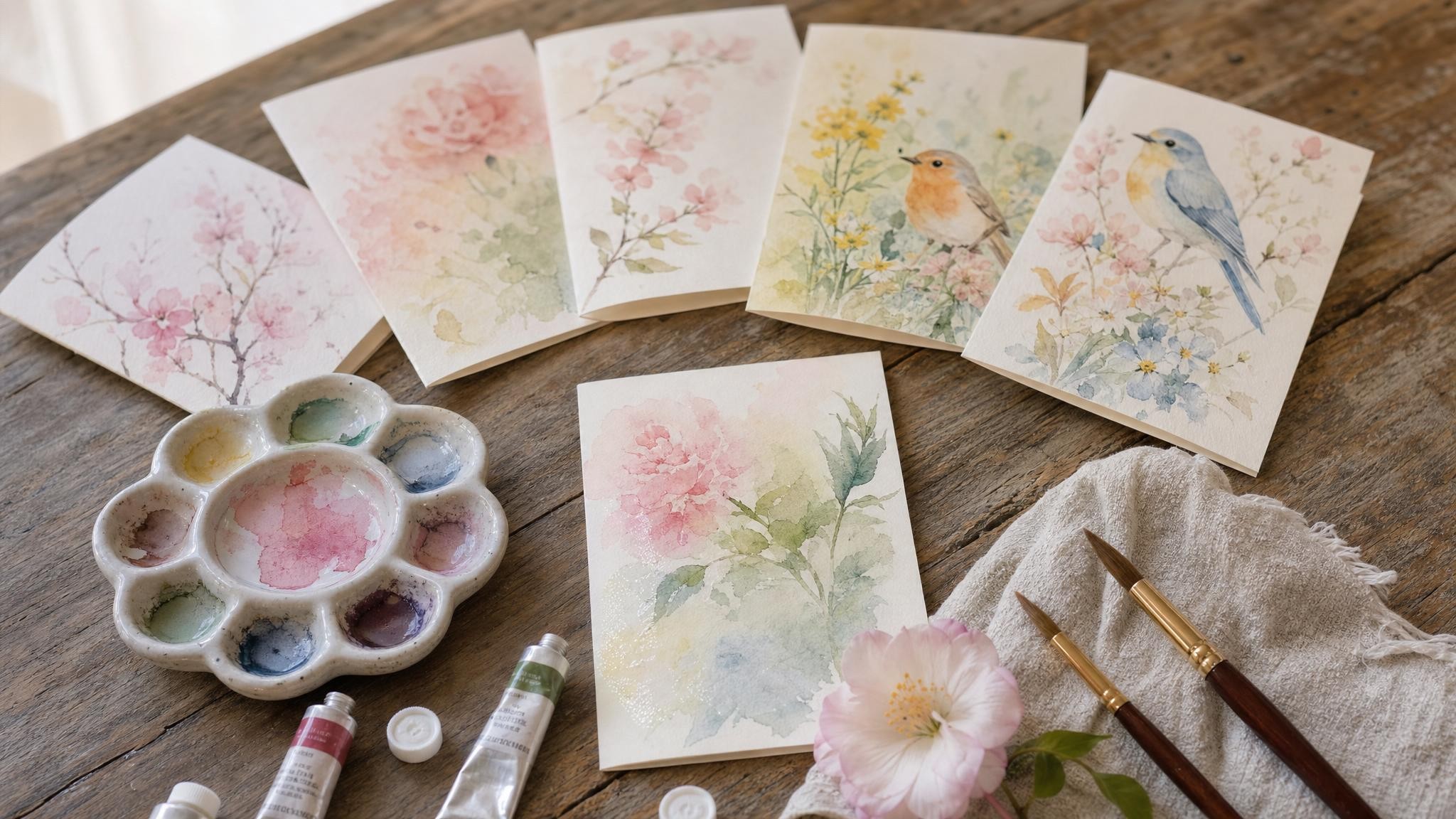 Beautiful custom watercolor cards arranged on rustic wooden table with paint brushes and watercolor tubes, showcasing delicate artistic craftsmanship