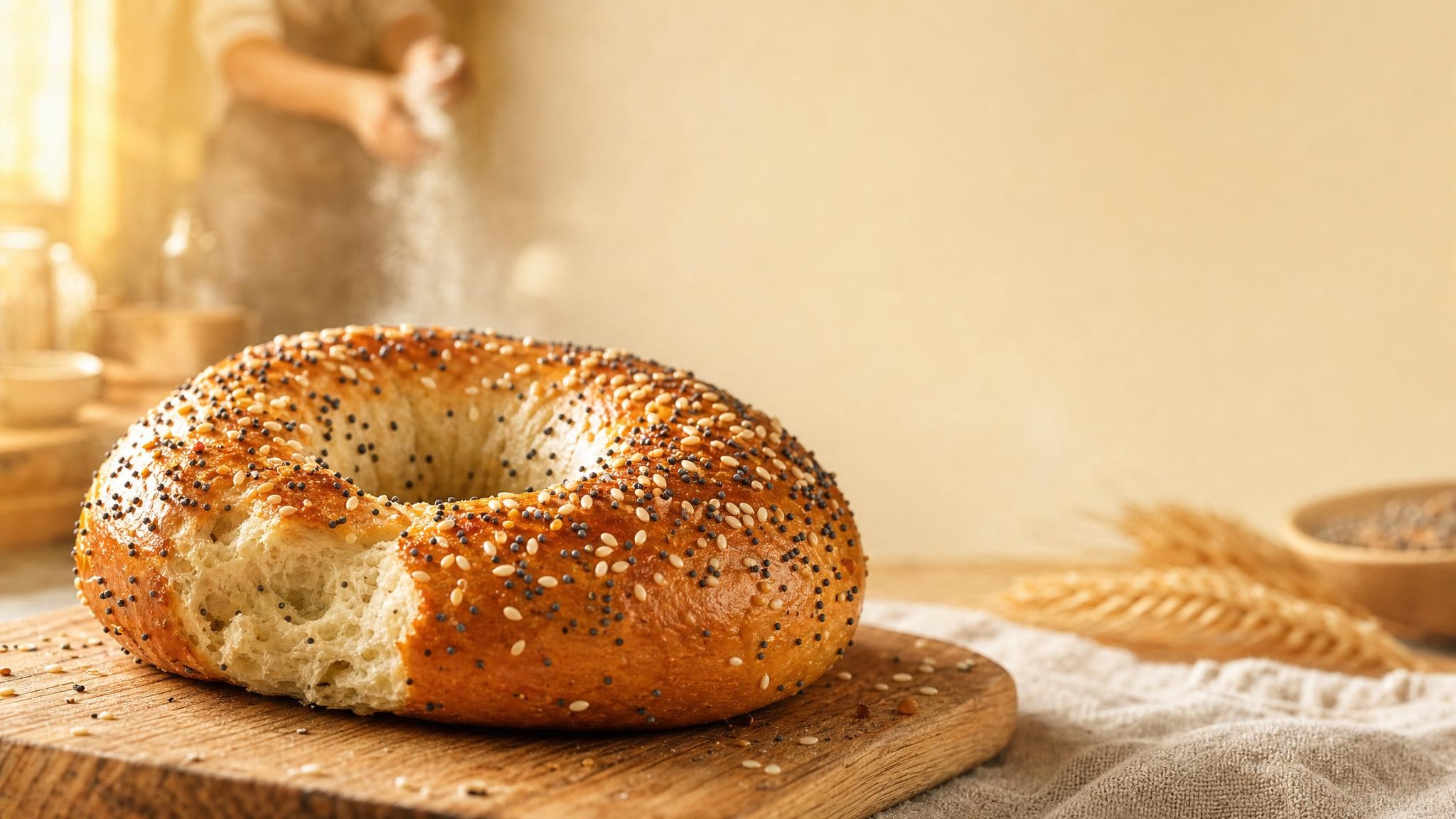 Freshly baked gluten-free New York-style bagels on a wooden board with steam and texture