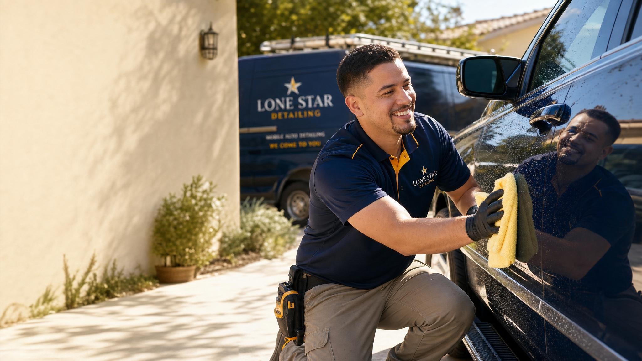 A gleaming car being detailed in a suburban Woodlands driveway with water-saving equipment