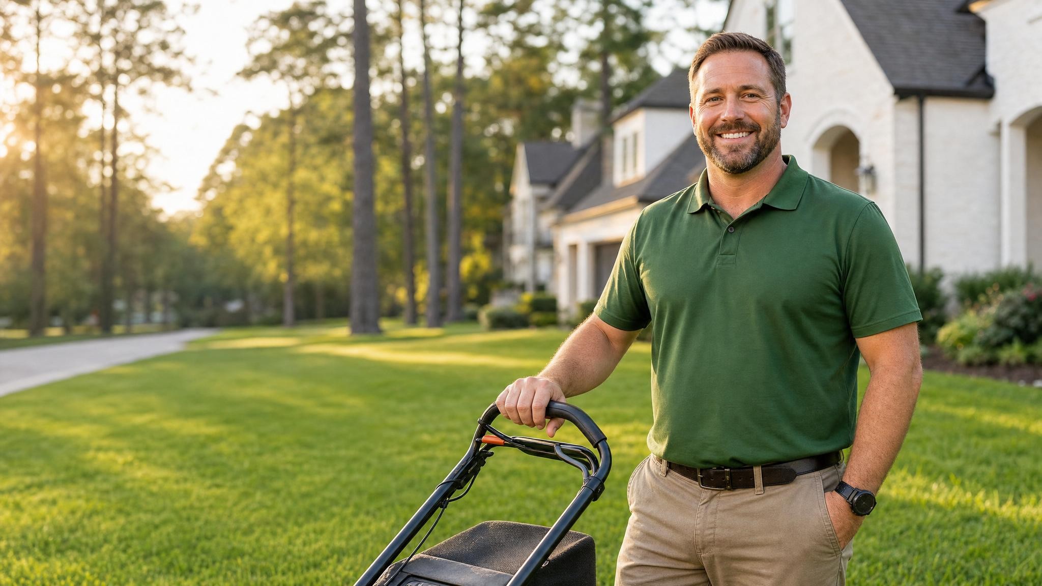 A friendly local lawn care professional standing by a freshly mowed, lush green lawn in a Woodlands neighborhood