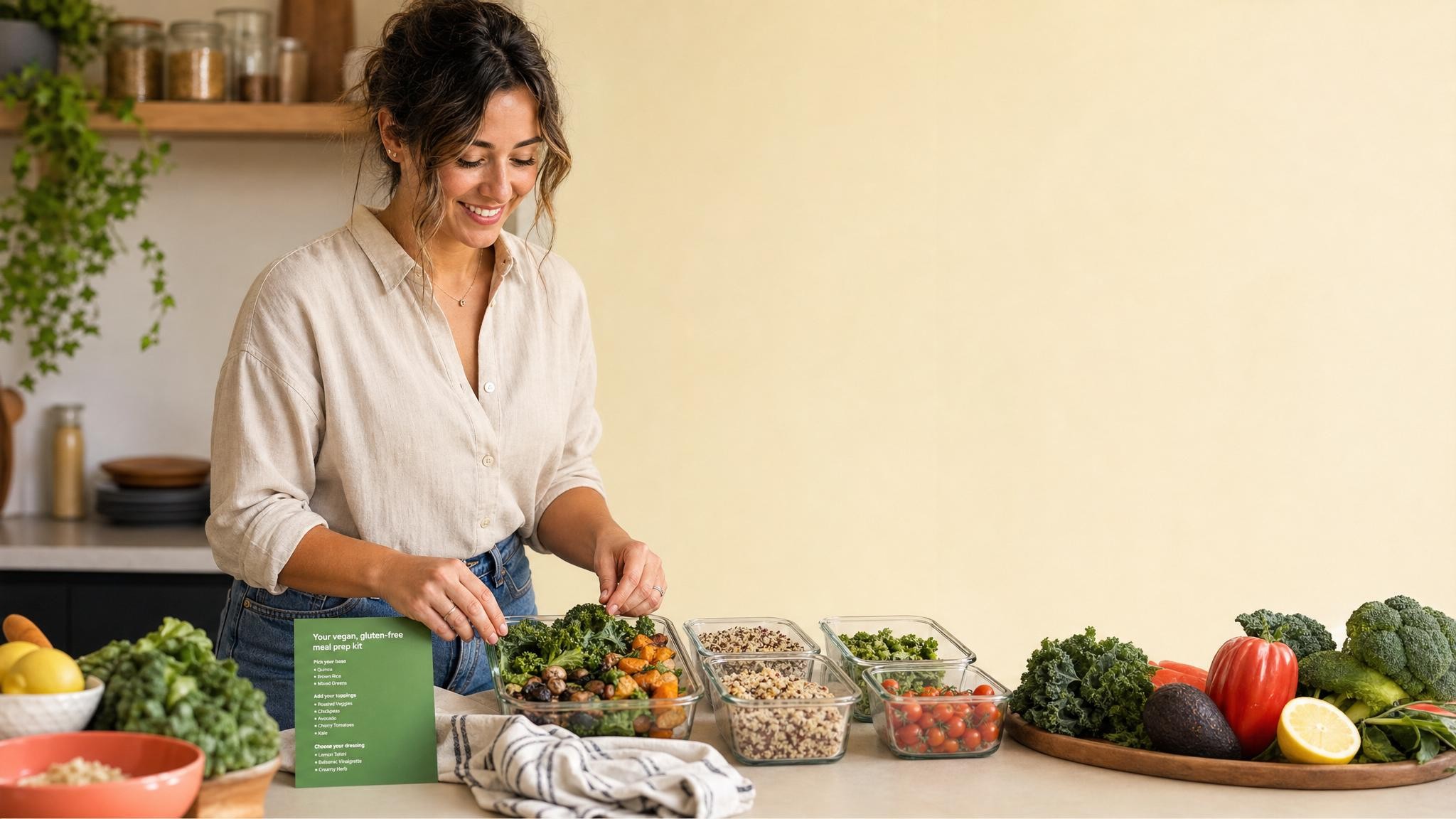 A vibrant kitchen scene with colorful, fresh organic ingredients laid out as a professional happily prepares a healthy meal.