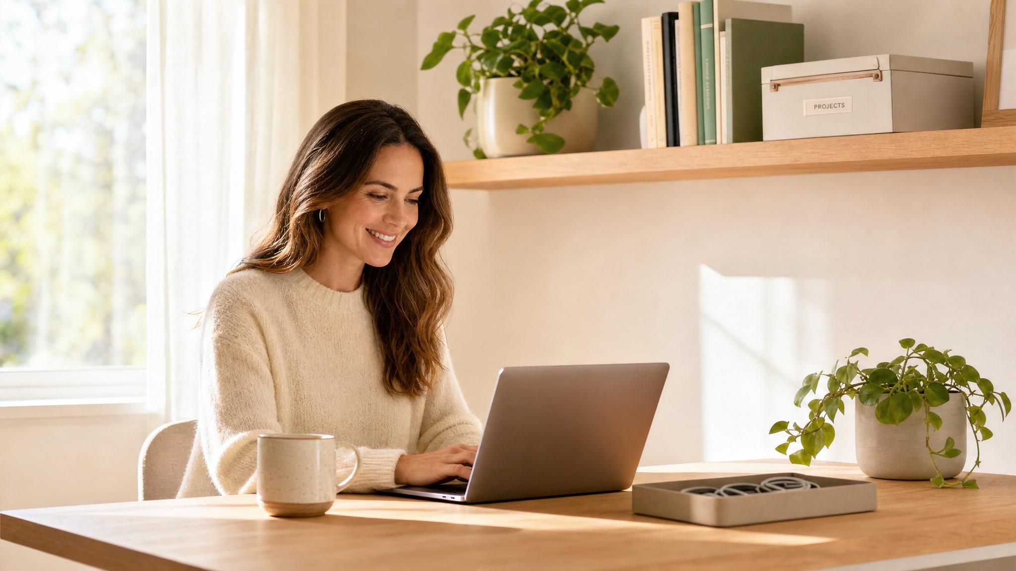 A serene, organized home office with a minimalist desk, warm natural light, a candle and a single stem in a vase.