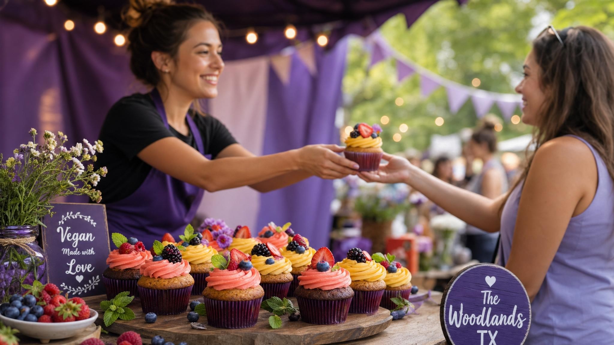 A close-up of freshly baked no-sugar vegan cupcakes with rich frosting