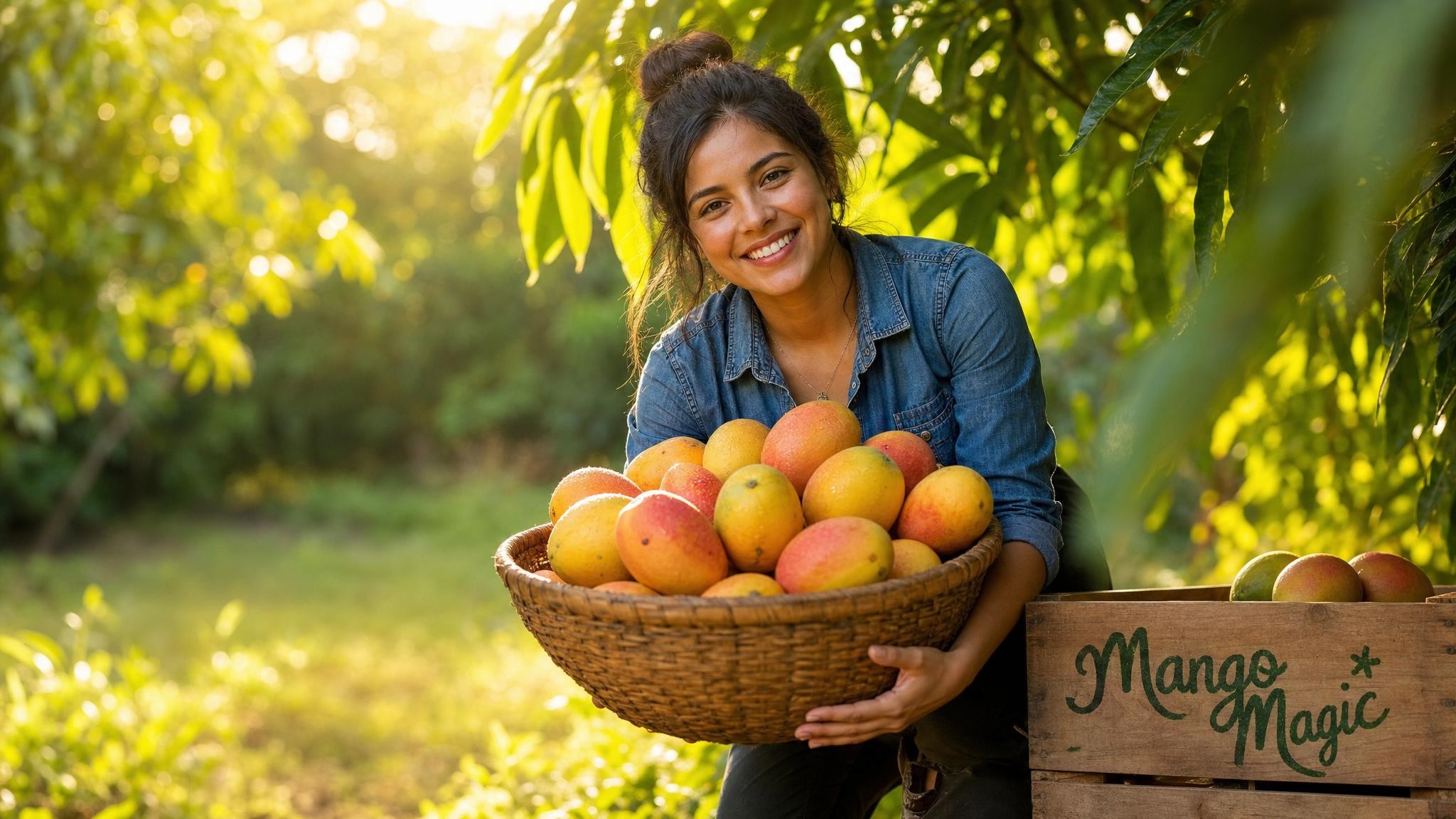 Fresh organic mangoes in a rustic basket surrounded by lush greenery