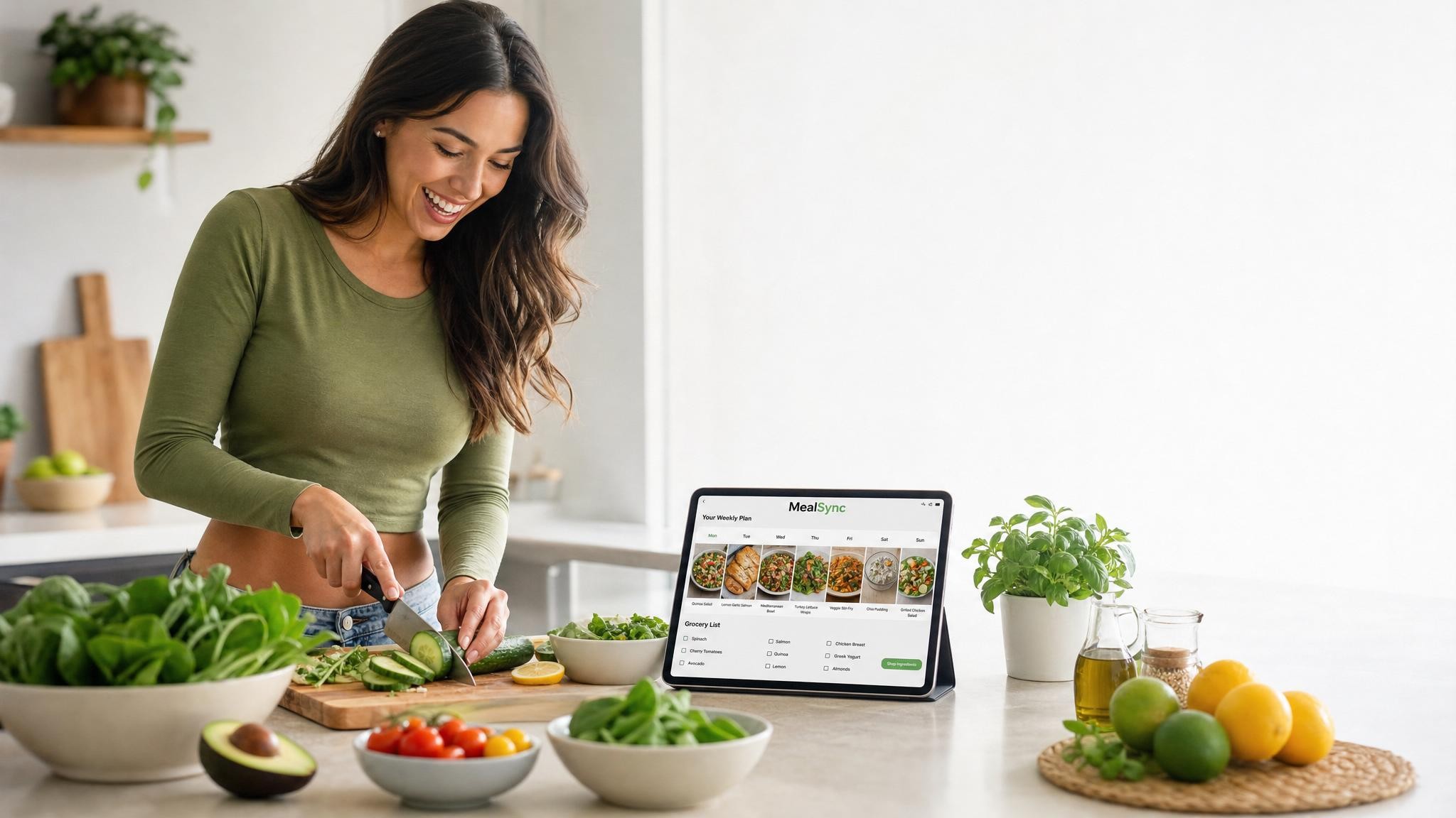 A vibrant kitchen with fresh ingredients and a tablet showing a MealSync meal plan while a person prepares a meal