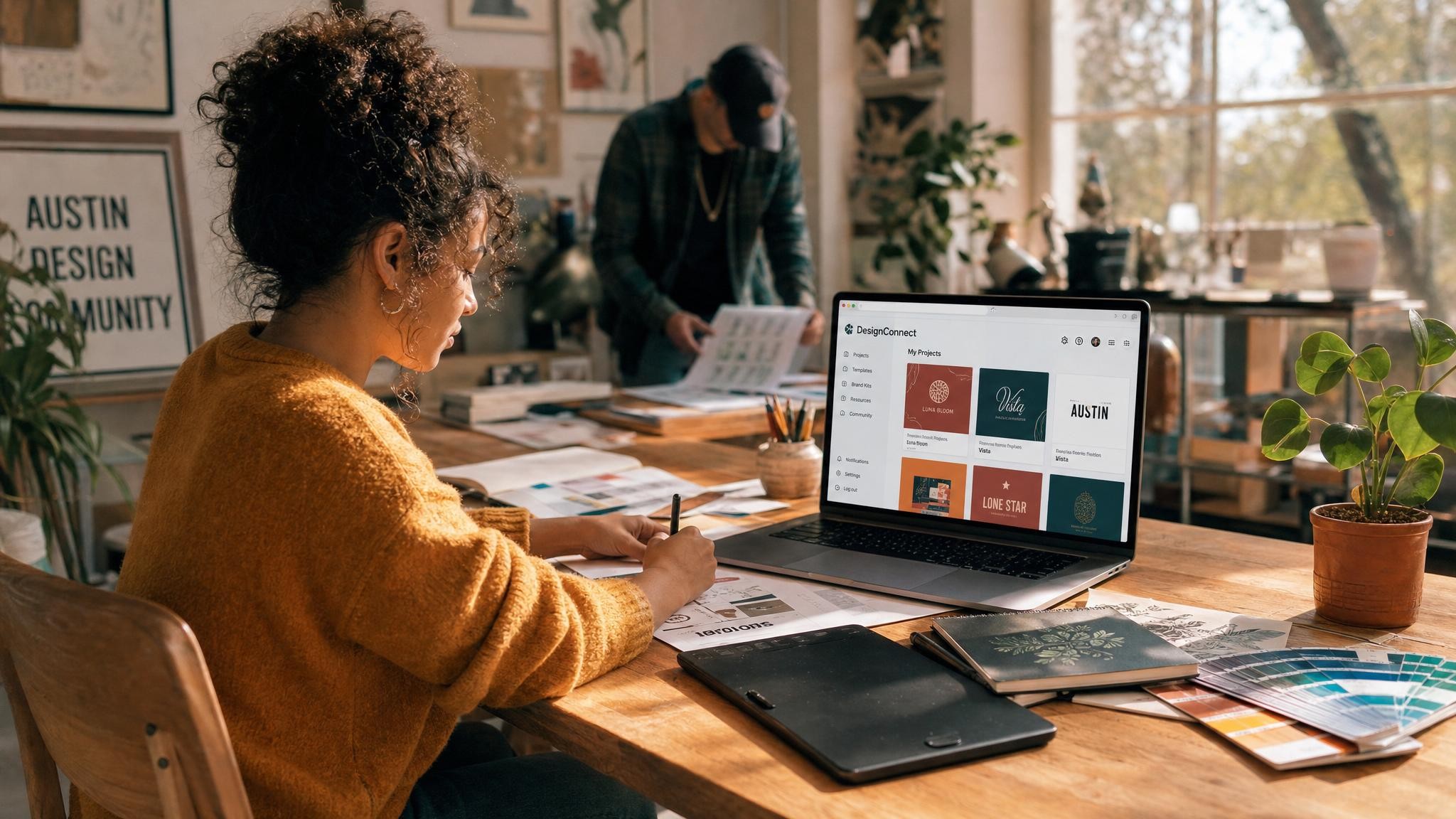A welcoming design studio with a designer working on a colorful branding project on the DesignConnect platform.