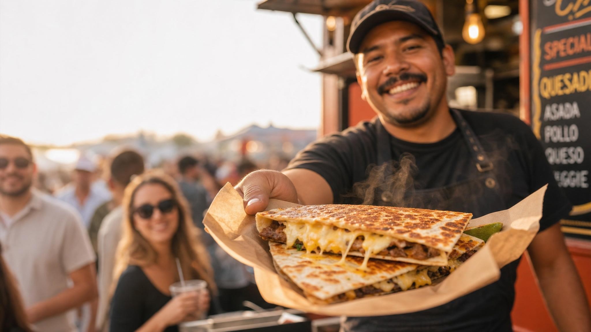A vibrant mobile quesadilla cart at a bustling event with people enjoying freshly made quesadillas