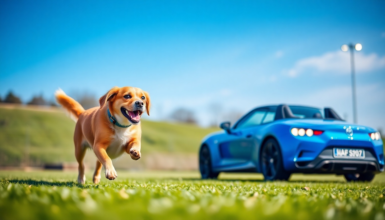 Dogs chasing remote-controlled rabbits in a vibrant park setting, with owners wearing VR goggles and smiling, capturing the excitement and community spirit