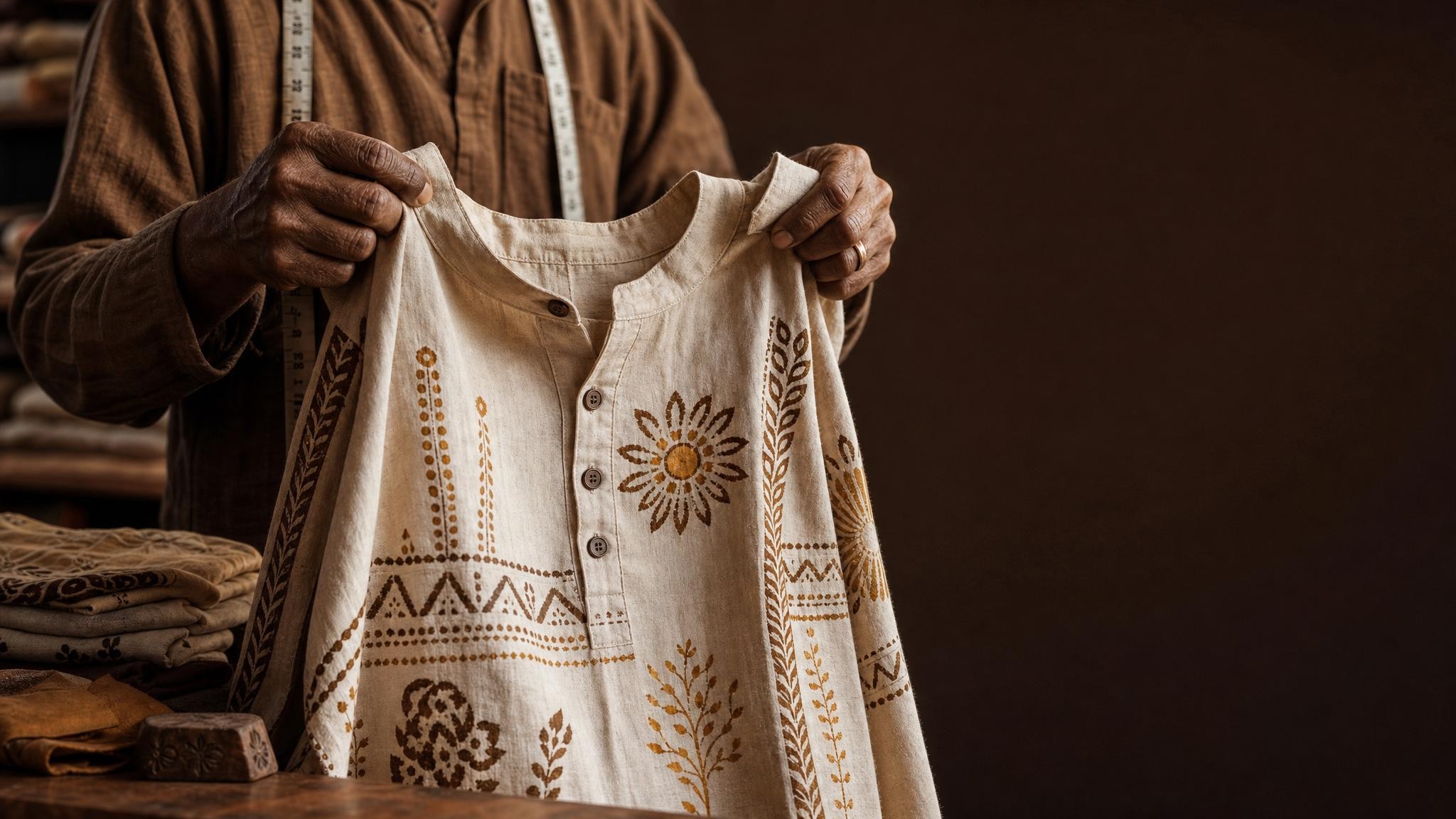 Artisan hands holding a finished, custom eco-friendly EcoThreads shirt