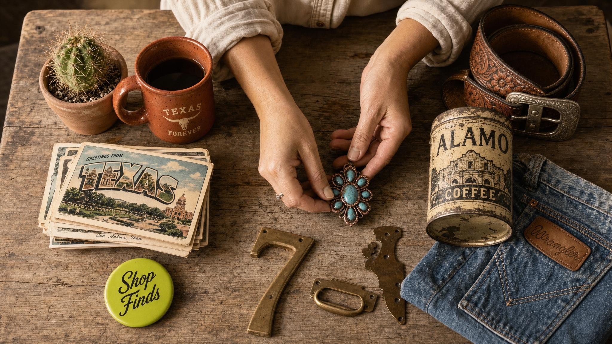 A cozy, inviting scene of curated vintage Texas items arranged with warm lighting, each piece telling its own story.