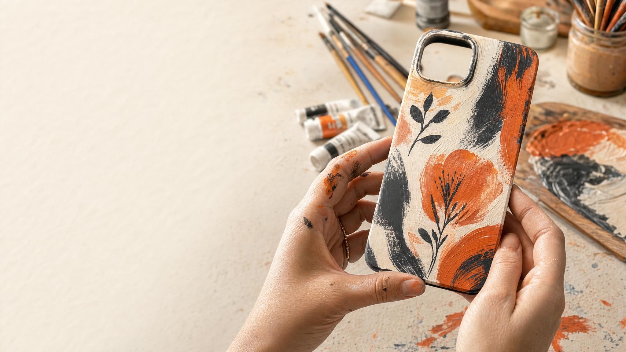 A finished handcrafted, hand-painted phone case held in a natural setting surrounded by art supplies