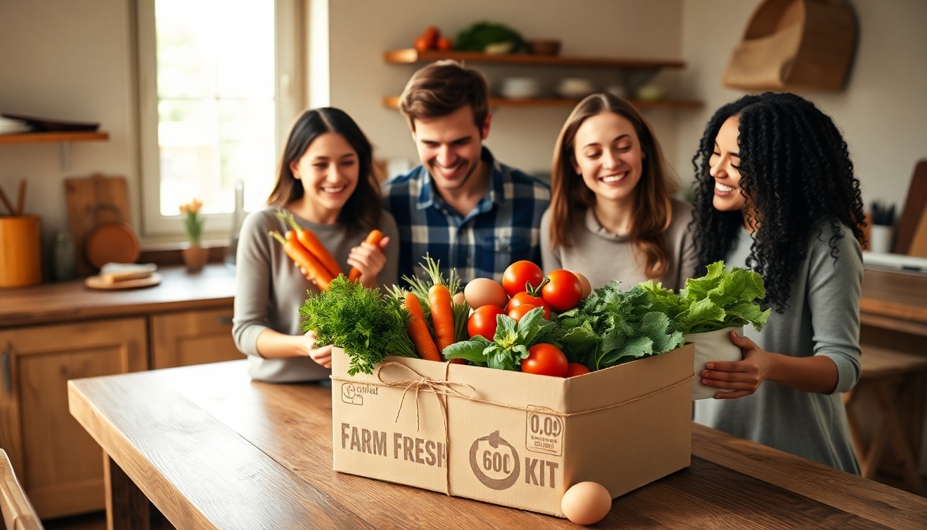 A family unpacking a Farm Fresh Kit of colorful, locally grown vegetables in a warm, sunlit kitchen
