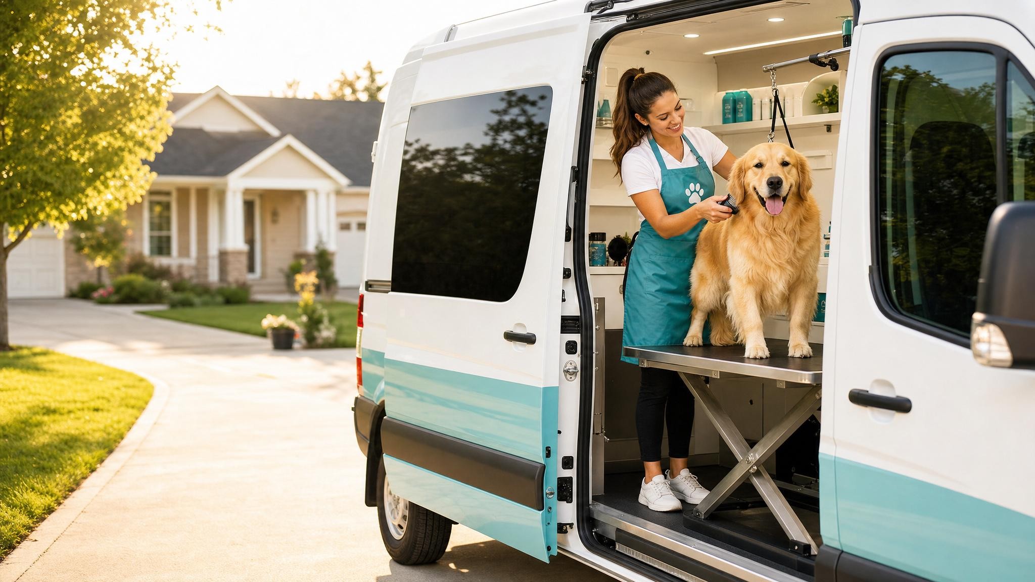 A cozy mobile grooming van parked in a sunny suburban driveway with a happy dog being groomed inside