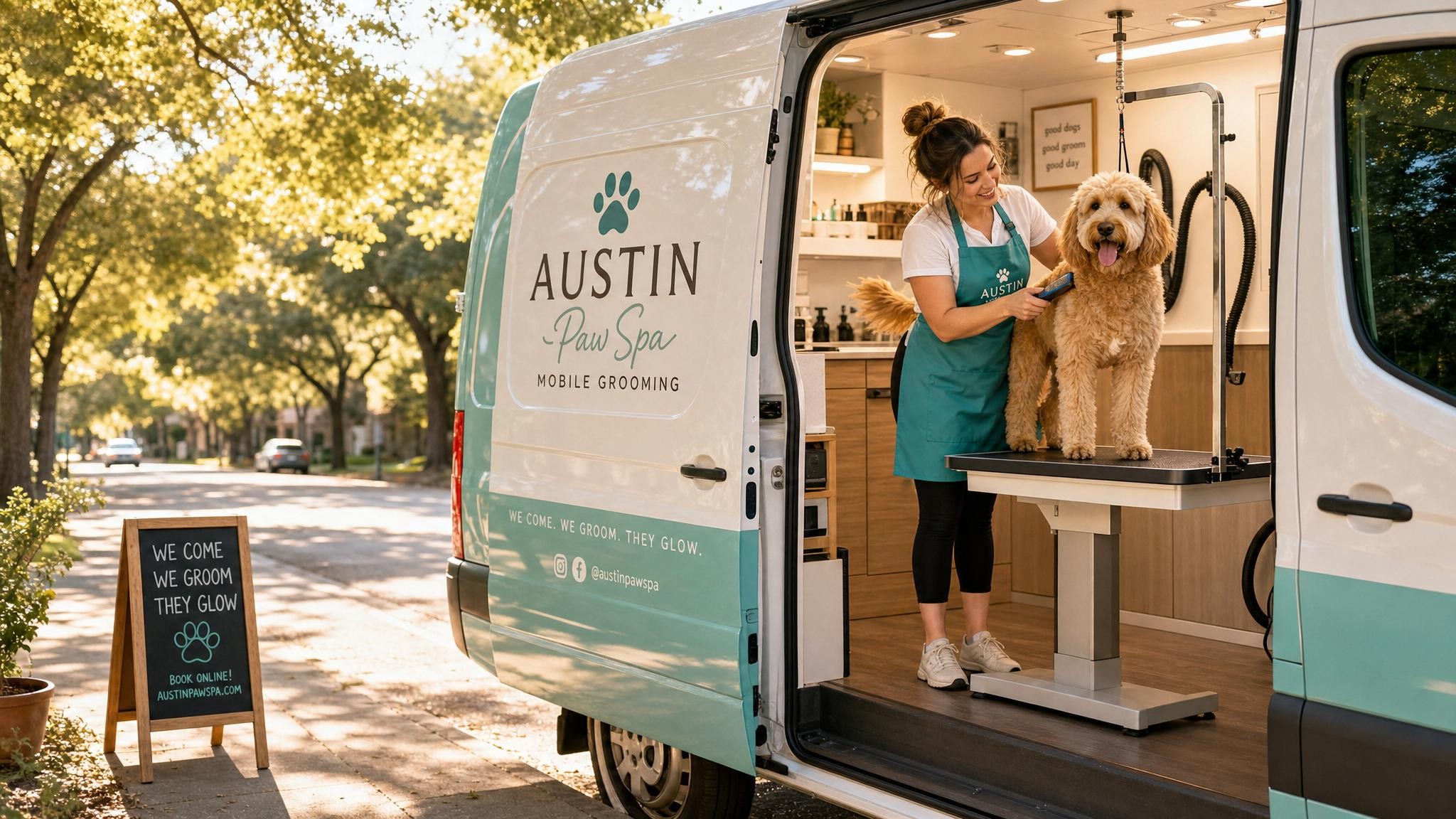 A cozy mobile grooming van parked in a sunny Austin neighborhood with a groomer gently caring for a happy dog
