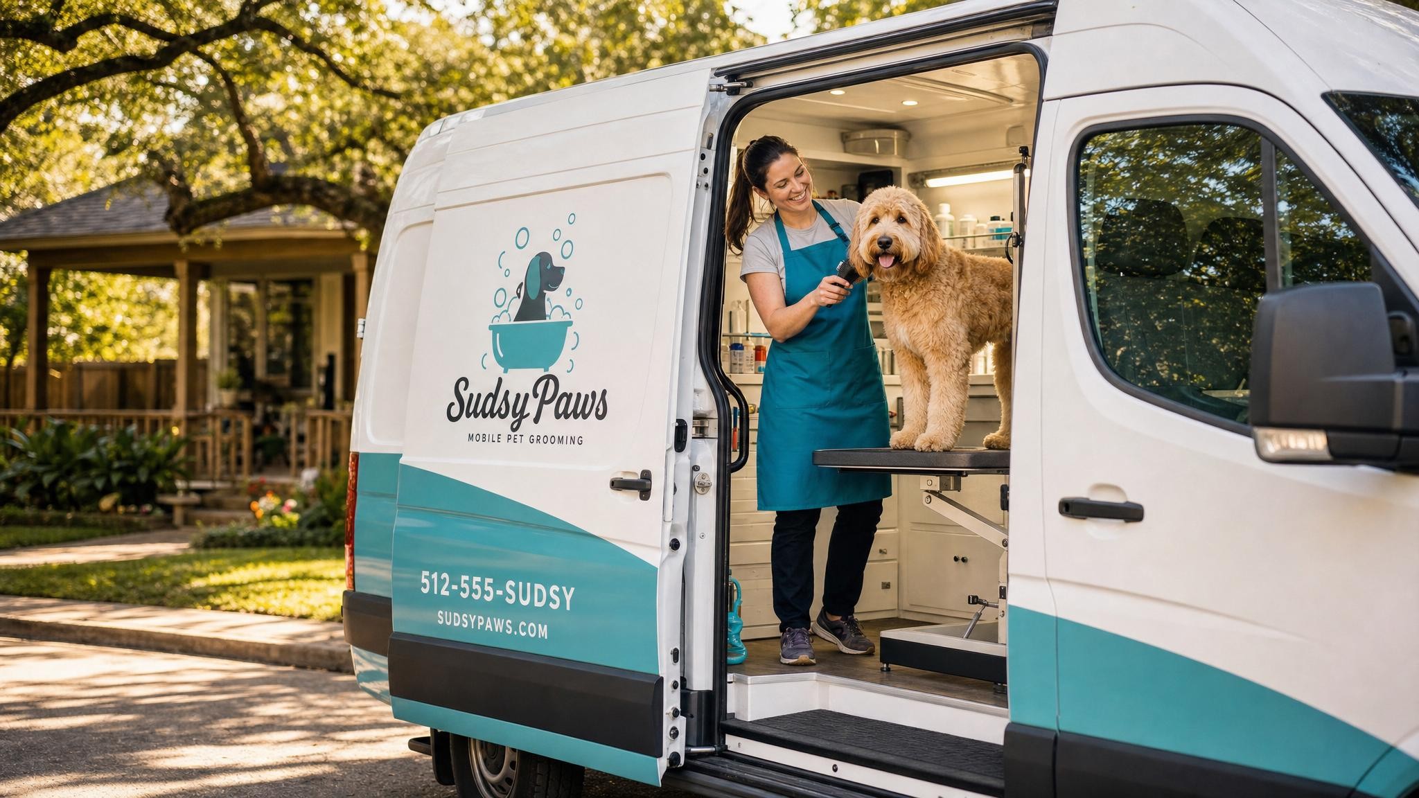 Paws & Go mobile grooming van parked outside a cozy Austin home with a happy pet being pampered