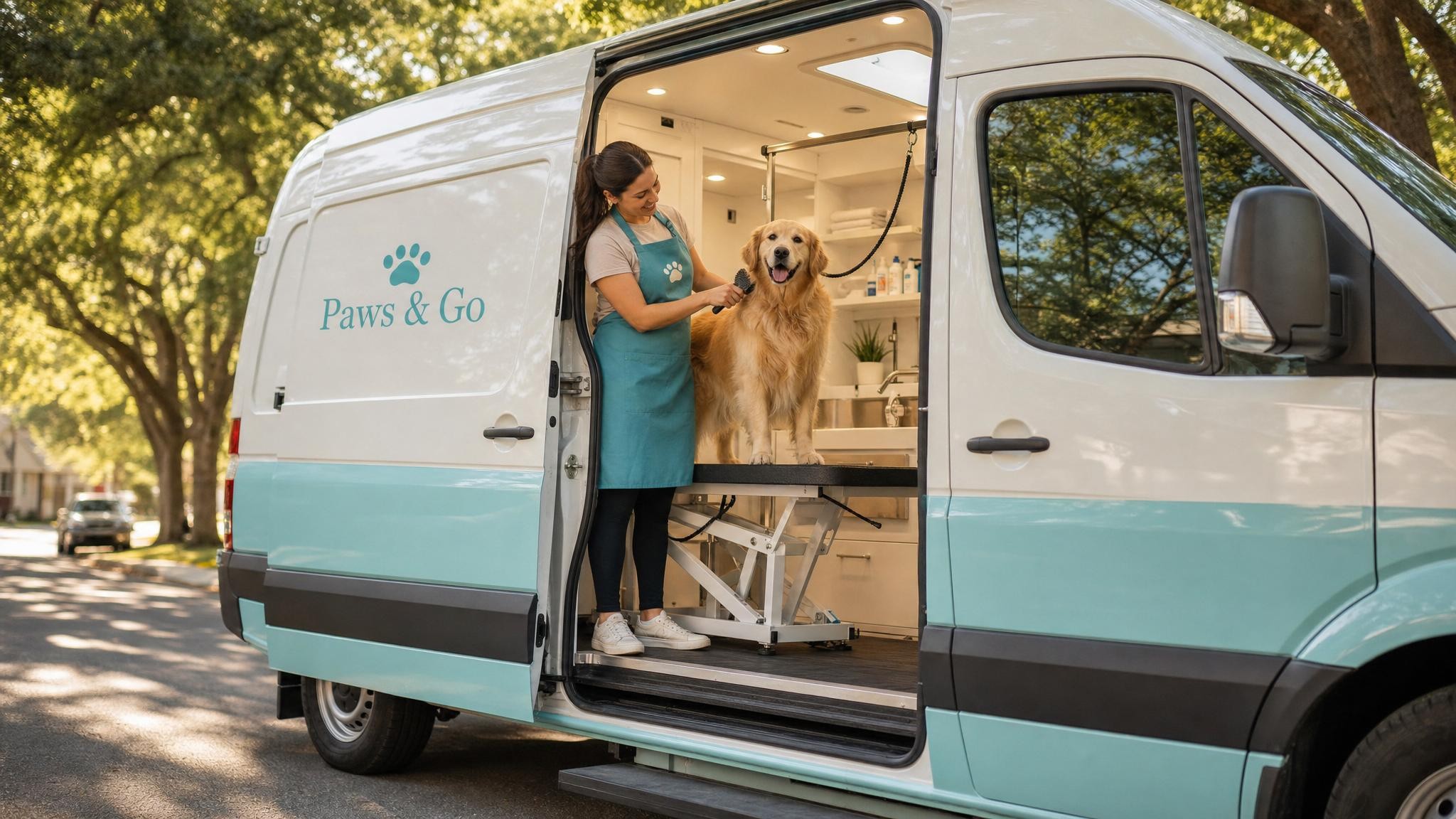A mobile grooming van parked in a sunny Austin neighborhood with a happy, relaxed dog being groomed