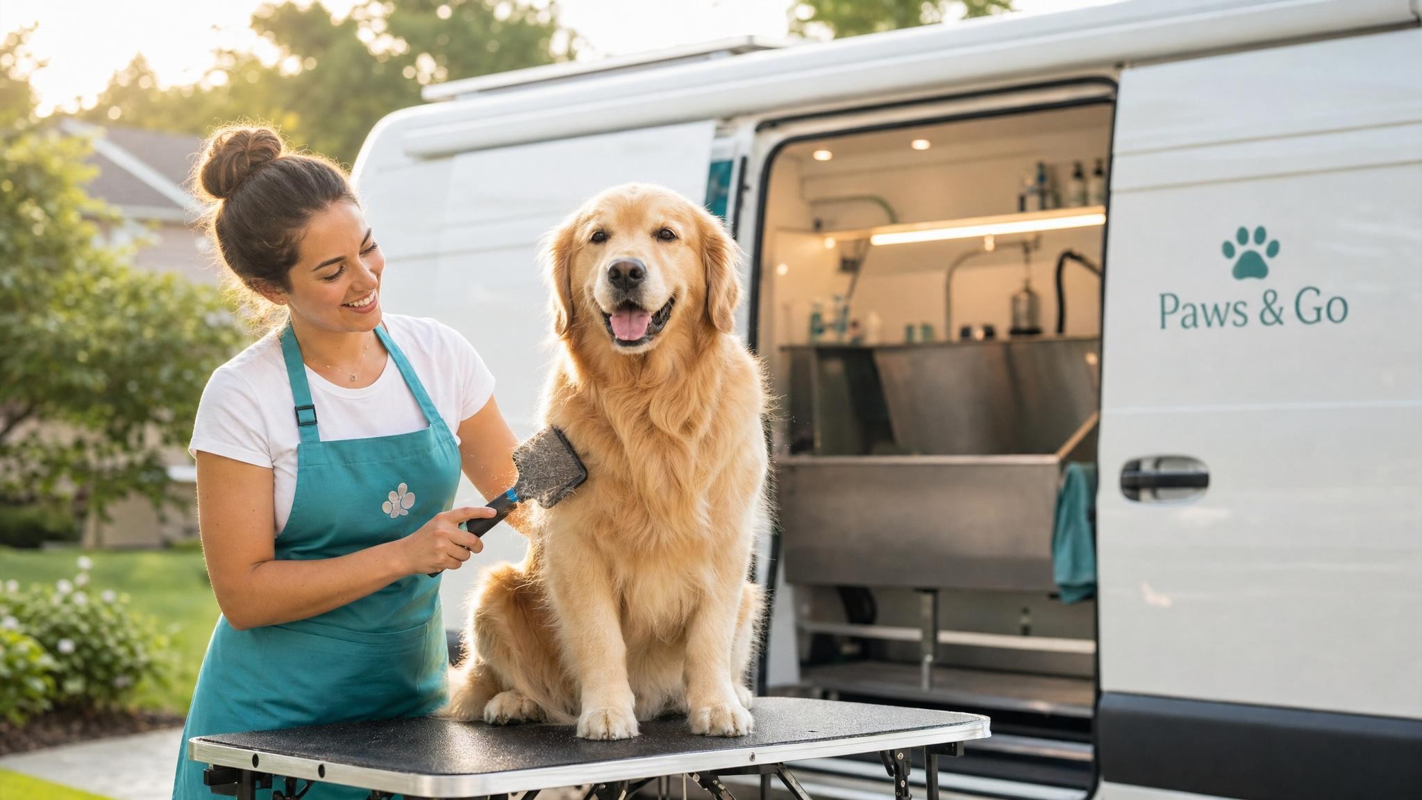 A happy pet being groomed in a cozy home setting with a mobile grooming van nearby