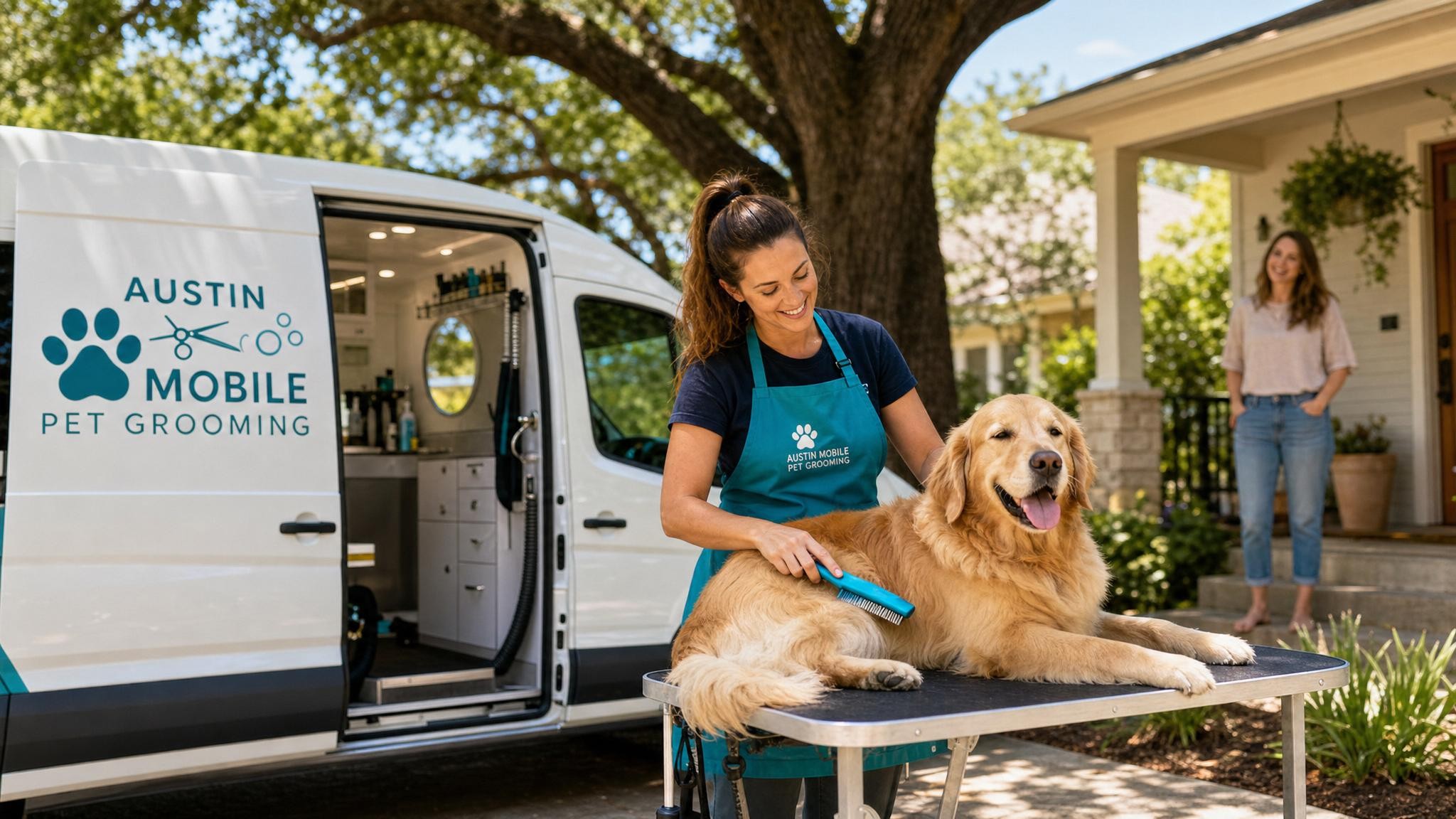 A mobile grooming van parked in a sunny Austin neighborhood with a happy pet being groomed outside