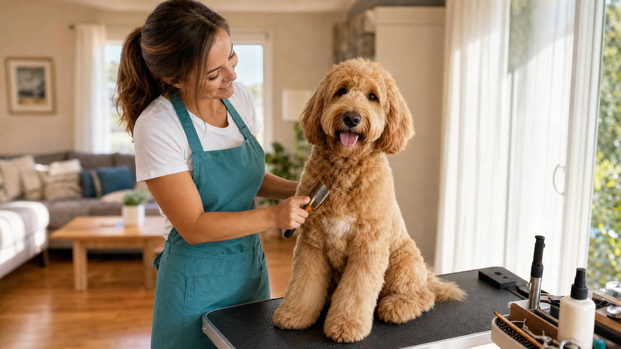 A happy, freshly groomed dog being pampered by a friendly groomer in a cozy home setting