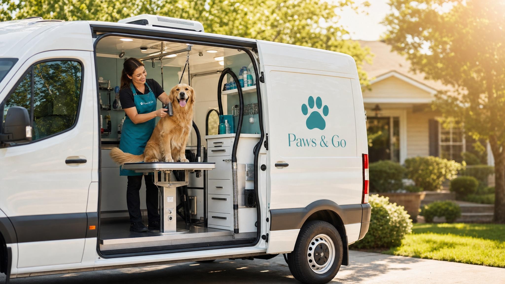 Mobile grooming van parked in a sunny Austin neighborhood with a happy dog being groomed by a professional