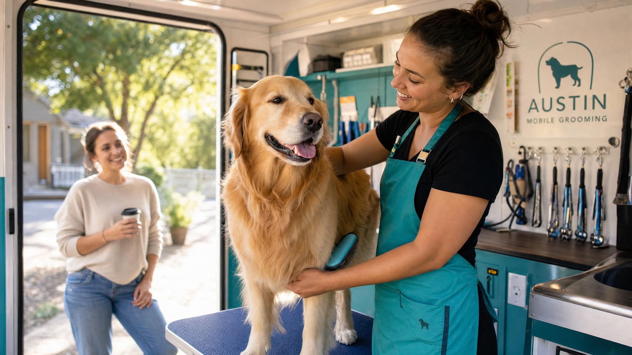 A happy pet being groomed at home with a relaxed owner nearby, showing the comfort and convenience of Paws & Go Mobile Grooming.