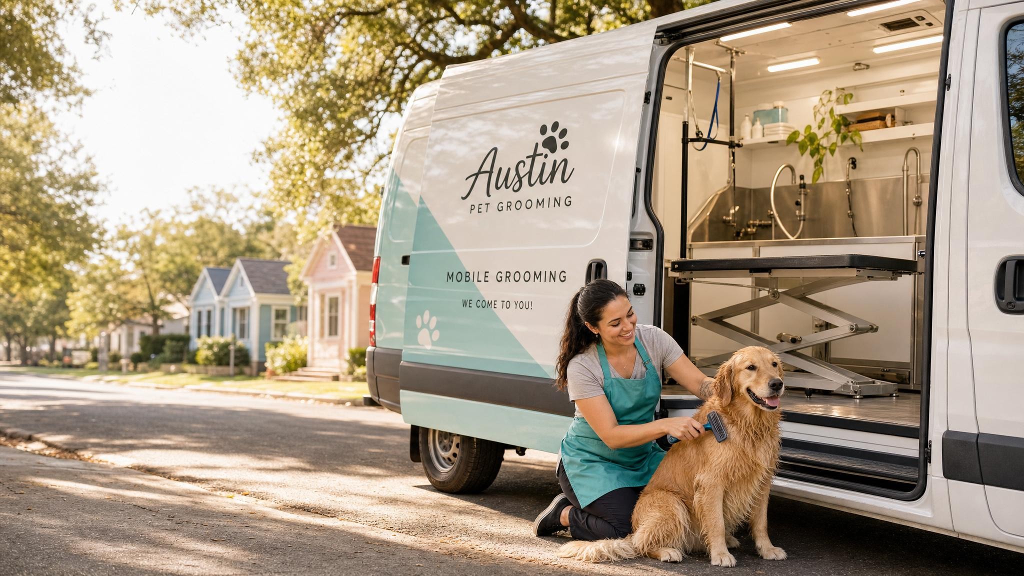 A cozy mobile grooming van parked in a sunny Austin neighborhood with a happy groomer gently grooming a relaxed golden retriever