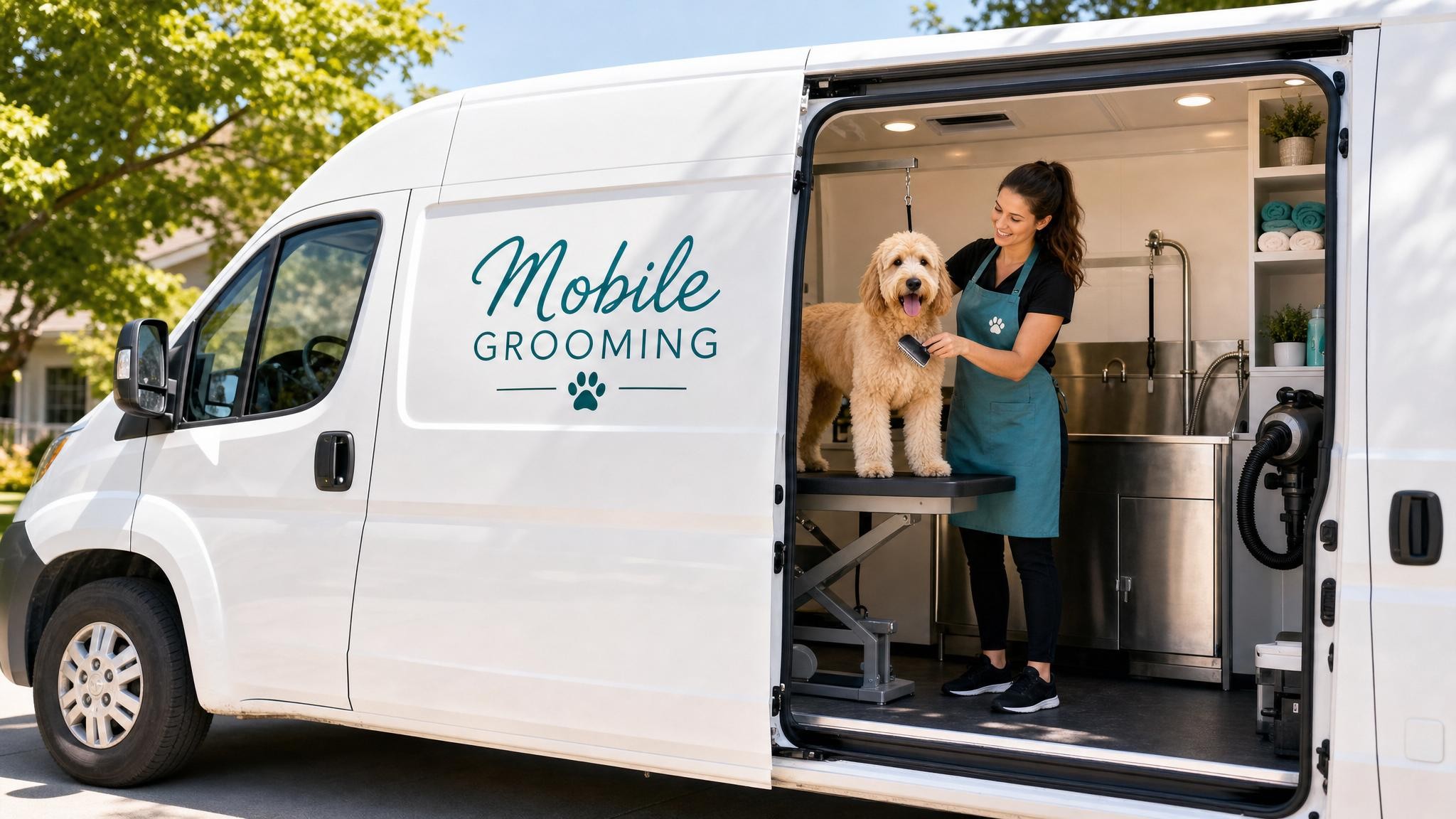 A cheerful mobile grooming van in a sunny Austin neighborhood with a happy dog being pampered inside