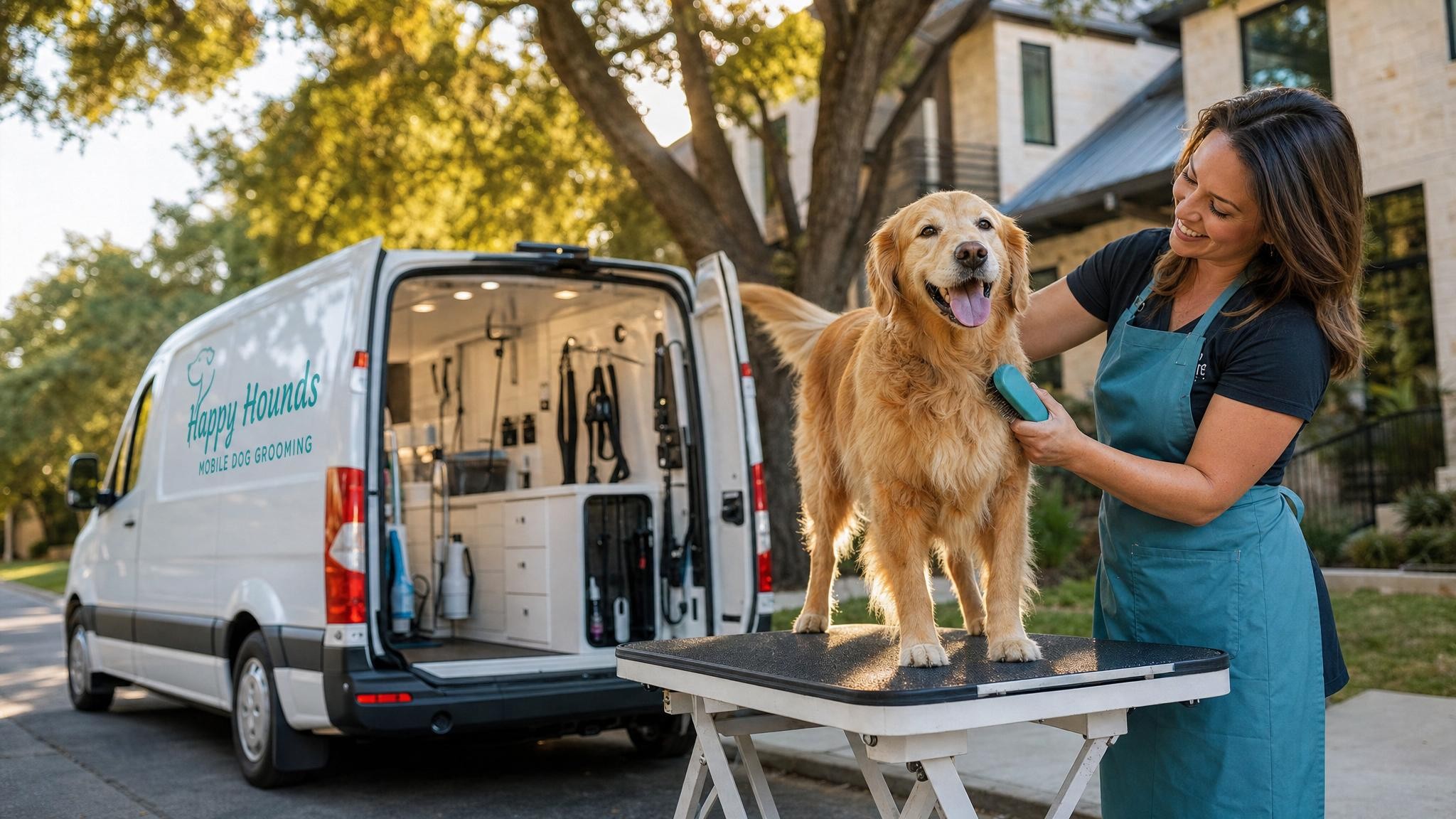 A mobile grooming van in a sunny Austin neighborhood with a happy dog being groomed by a smiling professional