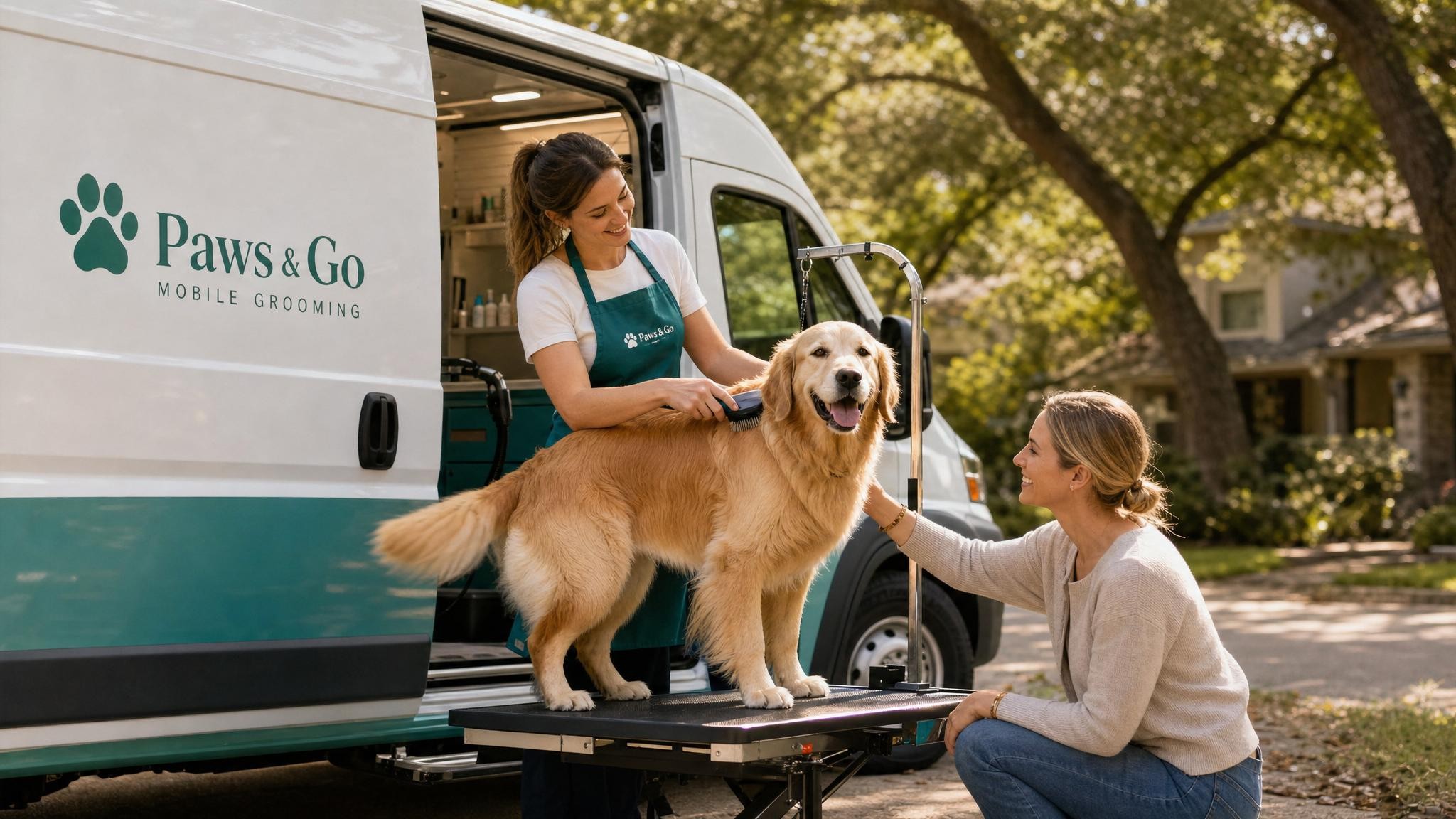 A friendly Paws & Go mobile grooming van parked in a sunny Austin neighborhood with happy pets and smiling groomers