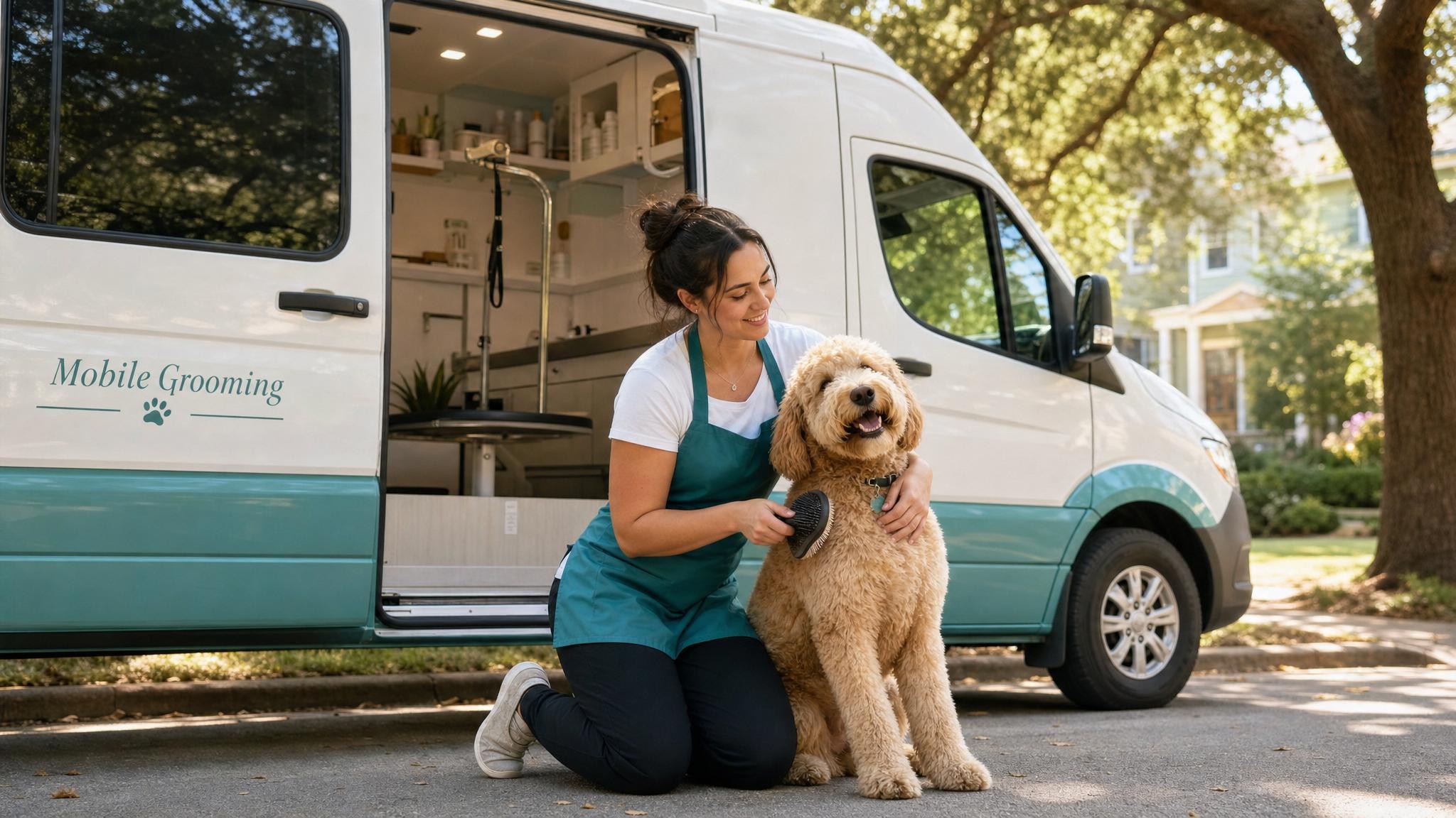 A cozy modern mobile grooming van parked in a sunny Austin neighborhood with a smiling groomer gently brushing a happy dog in front of the van.