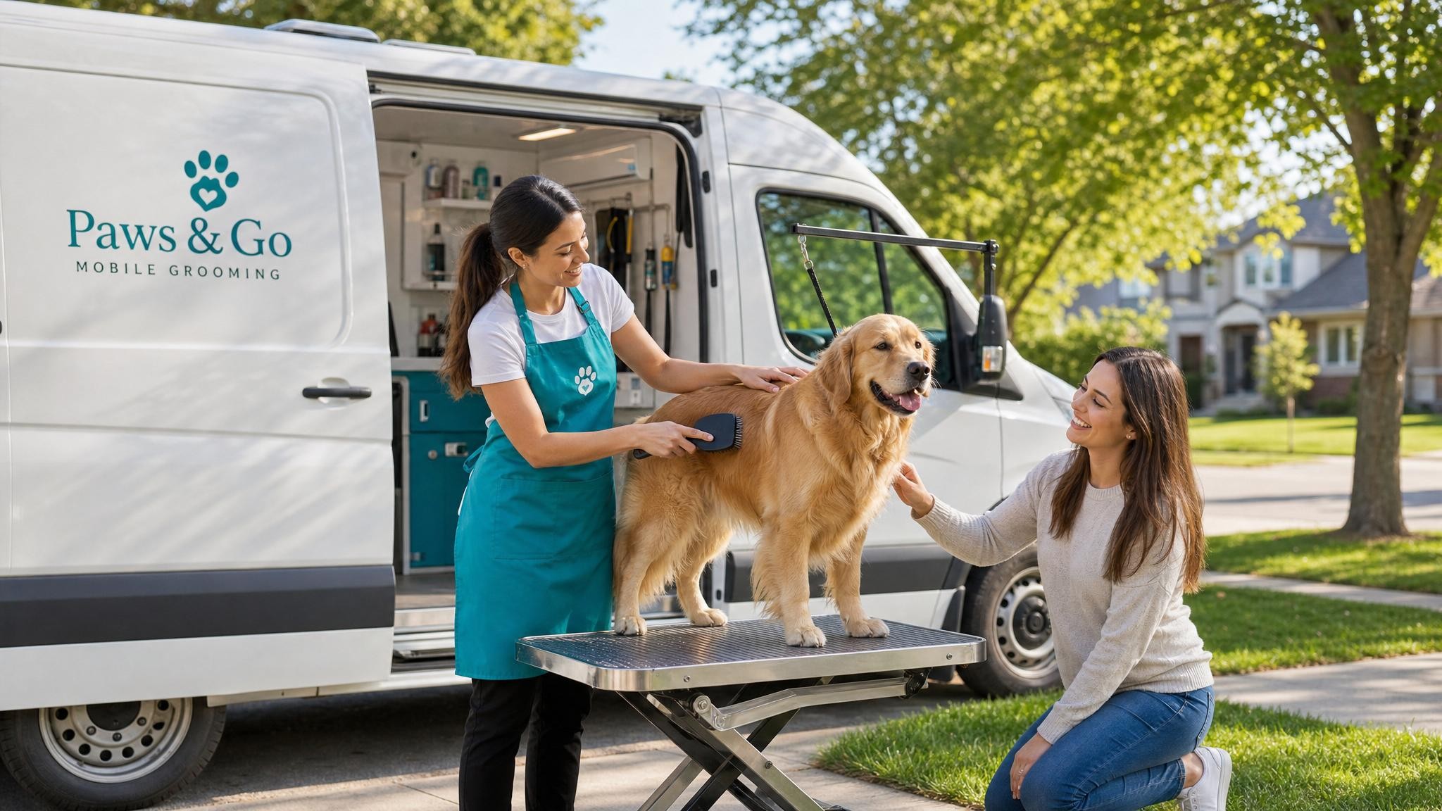 Mobile grooming van in a sunny suburban neighborhood with a happy pet being groomed and a relaxed owner nearby