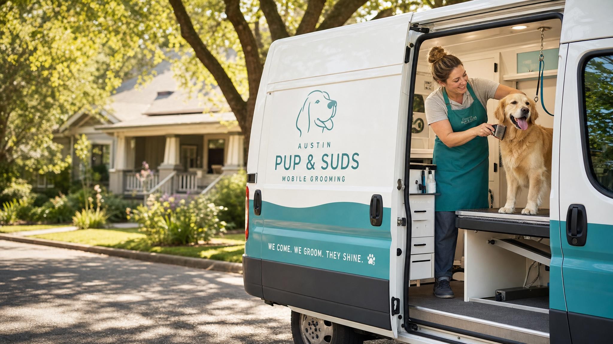 A mobile grooming van parked in a sunny Austin neighborhood with a happy dog being groomed by a professional