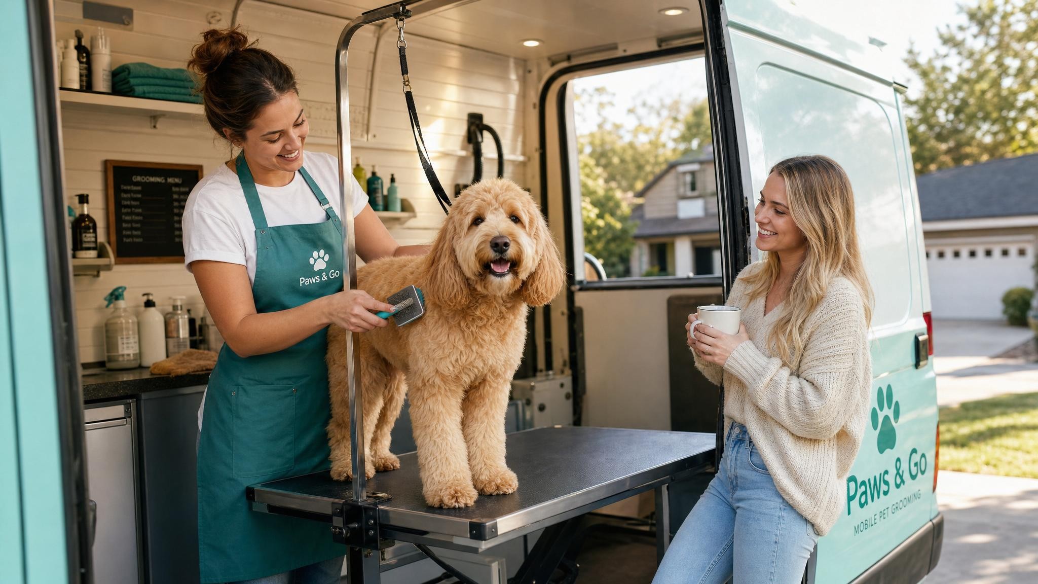 A relaxed pet being gently groomed at home while its happy owner looks on