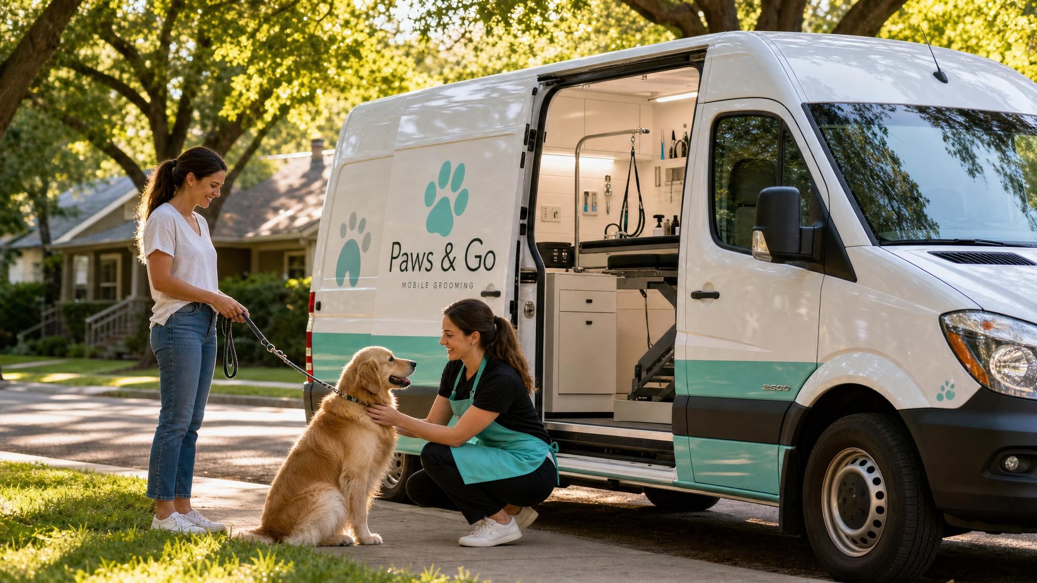 A friendly mobile grooming van parked in a sunny Austin neighborhood with a happy pet owner, relaxed dog, and a smiling groomer