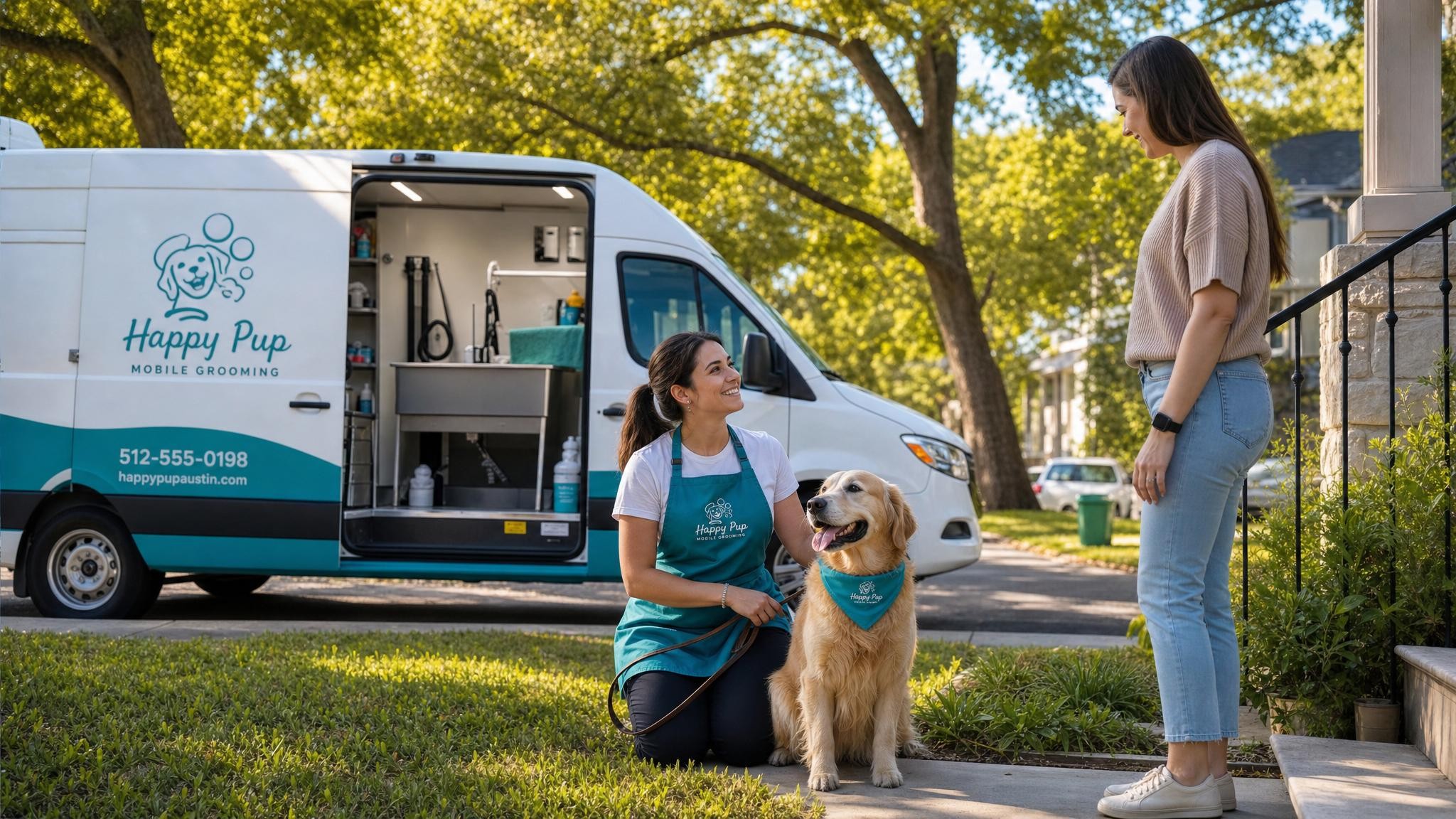 A cheerful mobile grooming van parked in a sunny Austin neighborhood as a happy pet owner greets the groomer at their doorstep