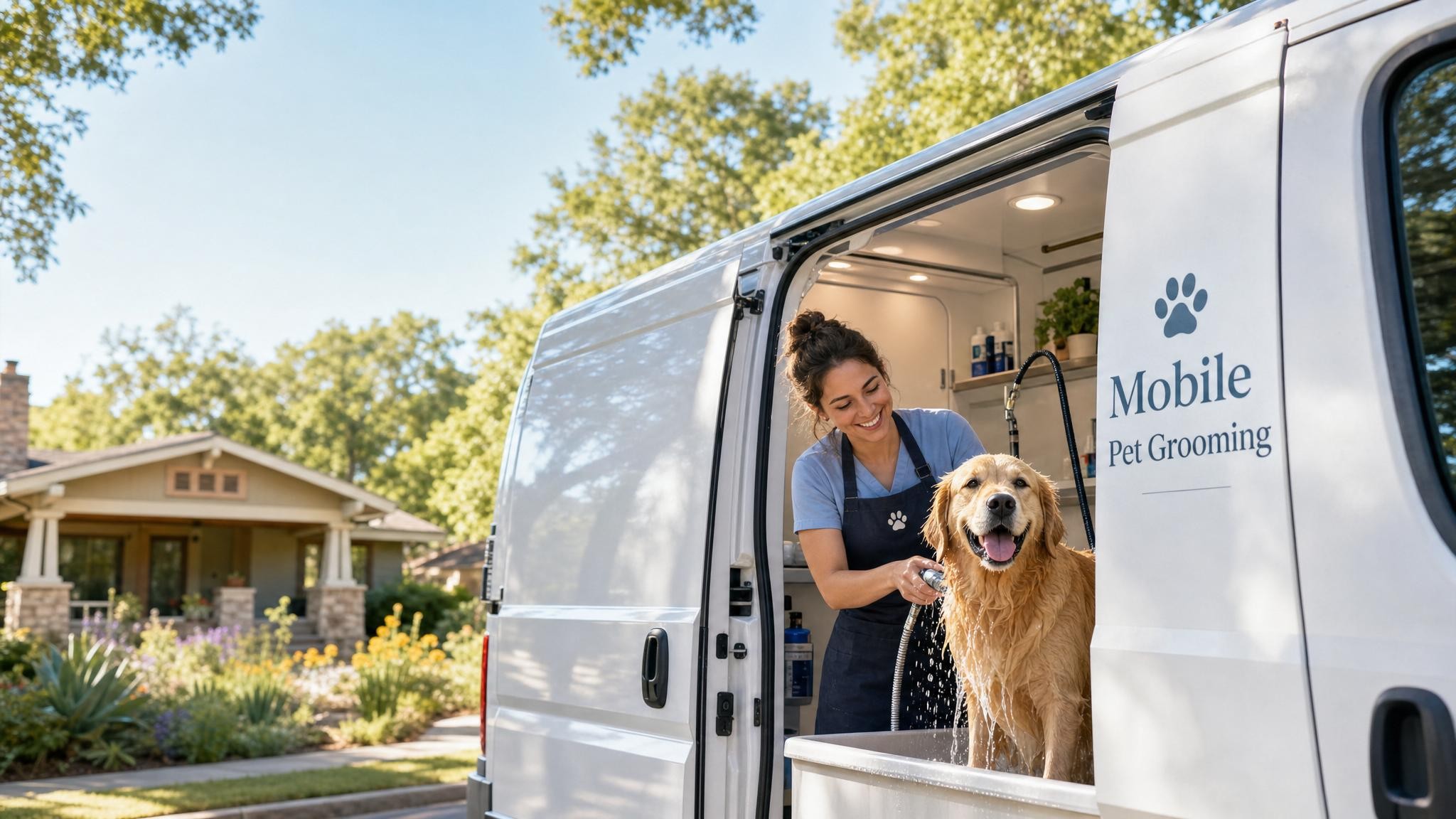 A cheerful Paws & Go mobile grooming van parked in a sunny Austin neighborhood with a happy dog being pampered by a friendly groomer