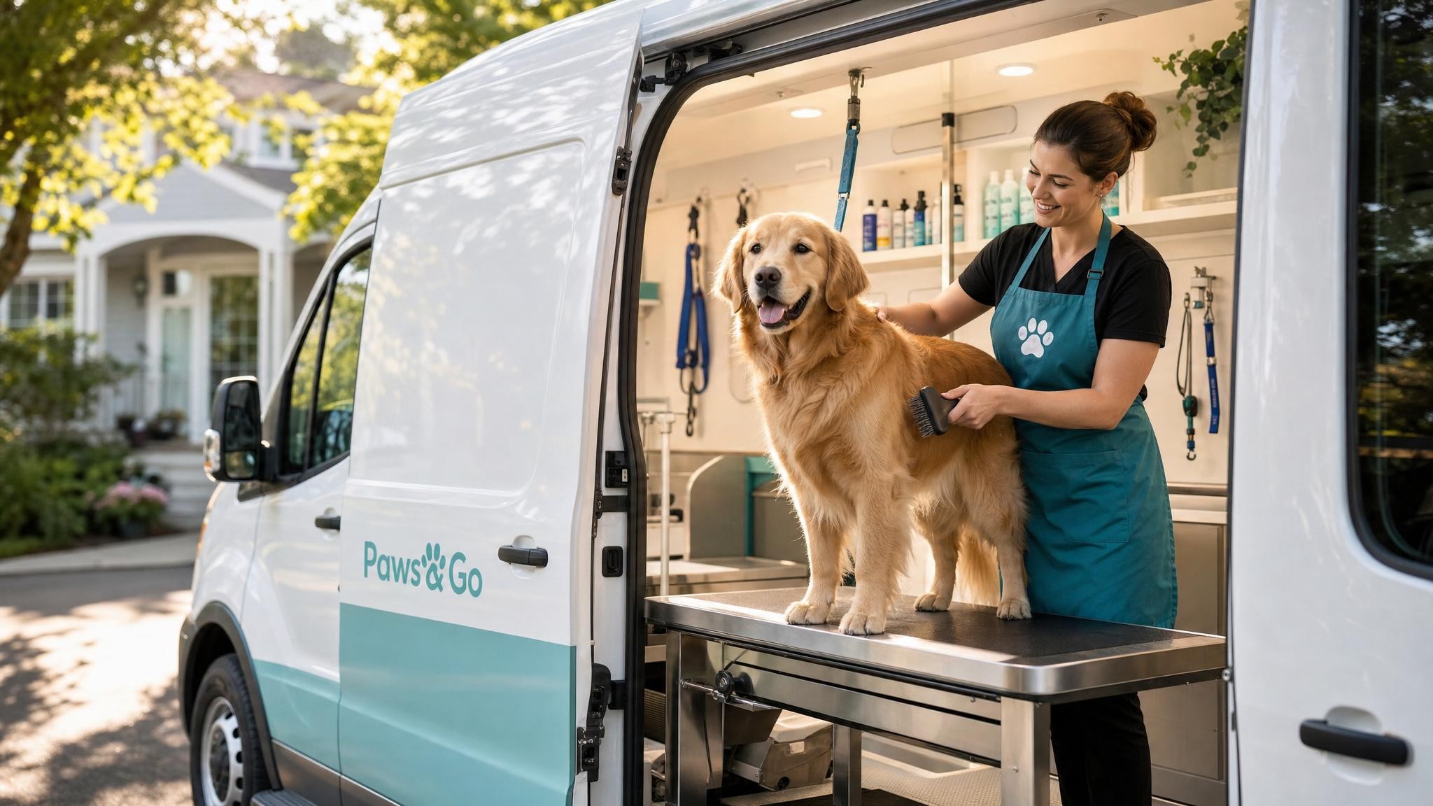 A Paws & Go mobile grooming van in a suburban driveway with a happy dog being groomed inside