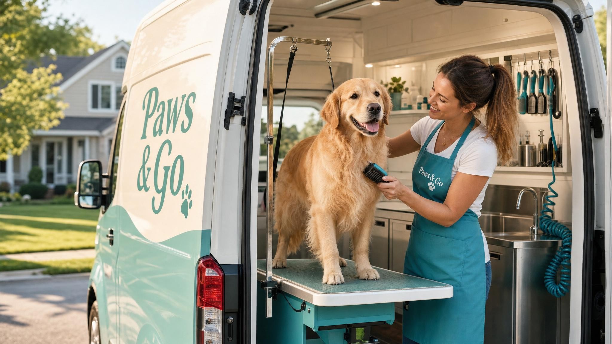 A happy dog being groomed at home with a mobile grooming van parked outside
