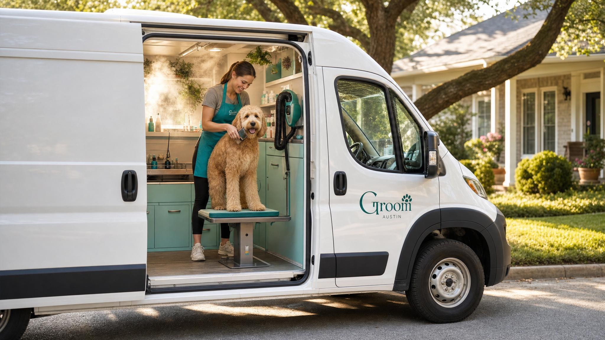 Mobile grooming van parked in a sunny Austin neighborhood with a happy dog being groomed inside