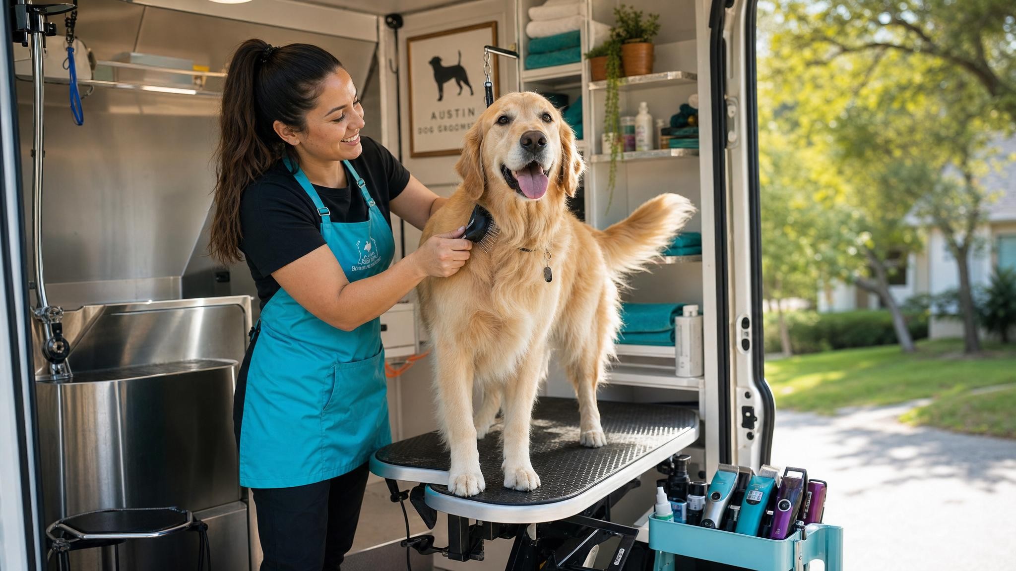 A happy dog being groomed inside a comfortable Paws & Go mobile grooming van parked in an Austin neighborhood