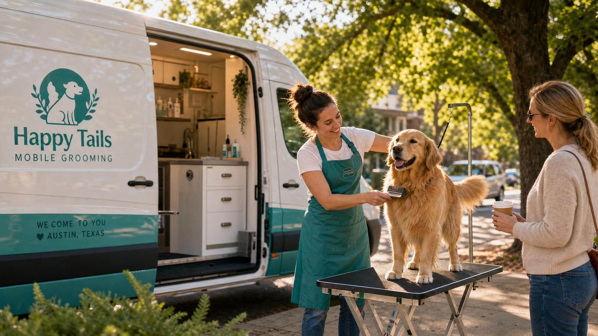 Paws & Go mobile grooming van parked in a sunny Austin neighborhood with a happy dog being groomed outside