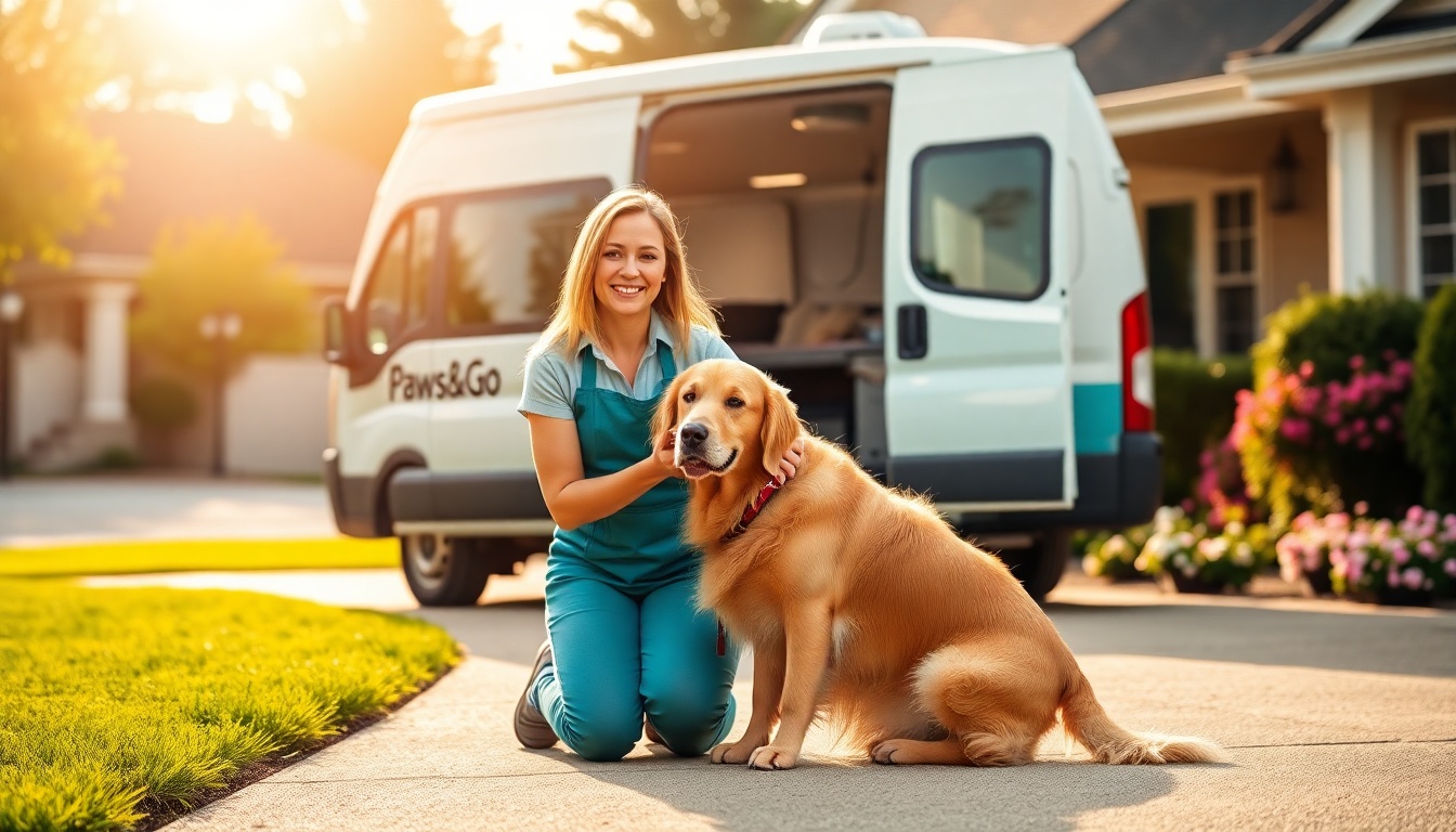 A mobile grooming van parked in a sunny neighborhood as a smiling groomer gently grooms a happy dog on the driveway