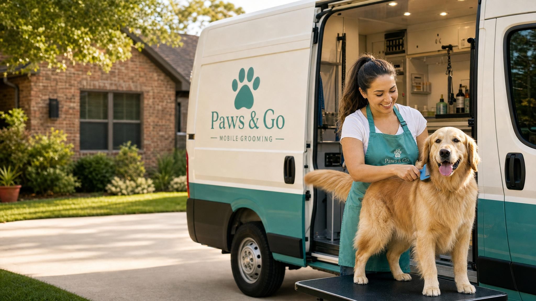 A mobile grooming van parked outside a cozy Austin home with a happy dog being groomed by a smiling professional